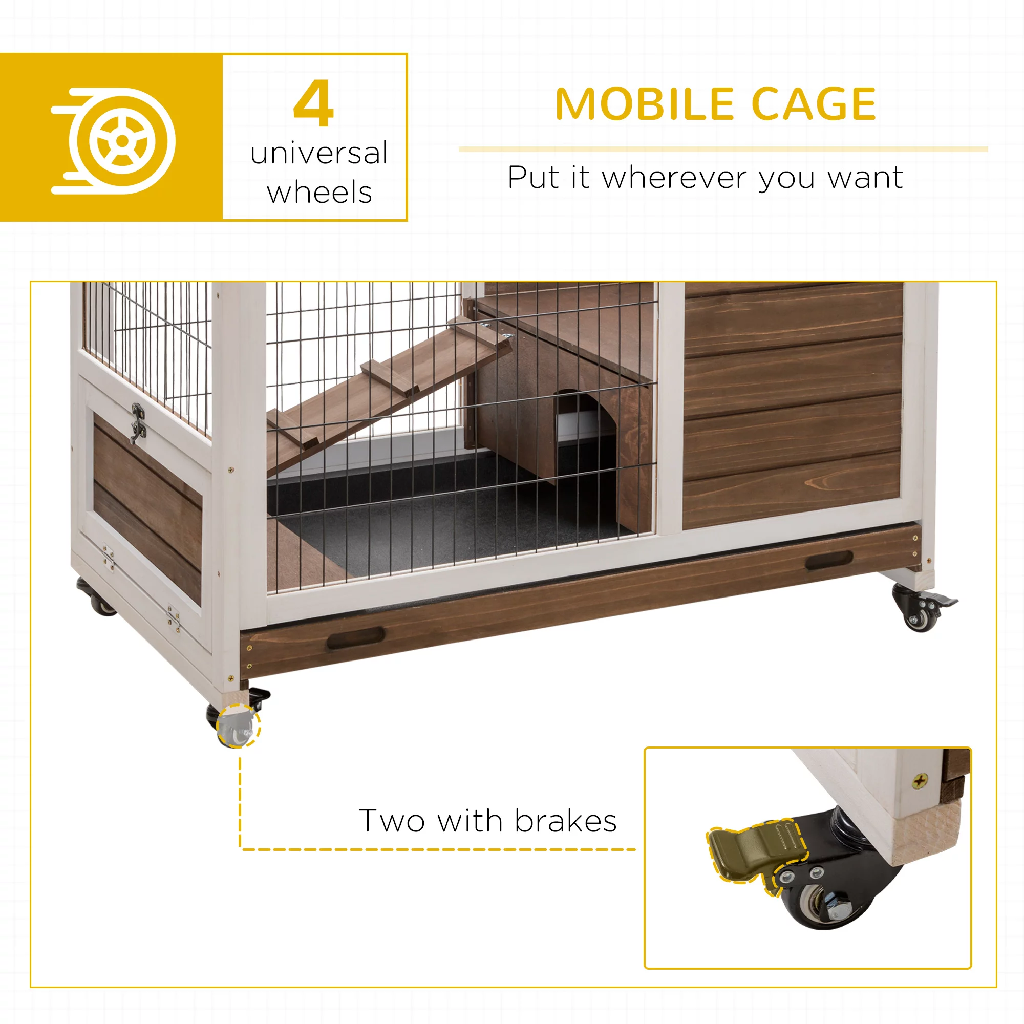 PawHut Wooden Rabbit Hutch Indoor Elevated Cage Habitat with No Leak Tray Enclosed Run with Wheels, Ideal for Rabbits and Guinea Pigs, Brown