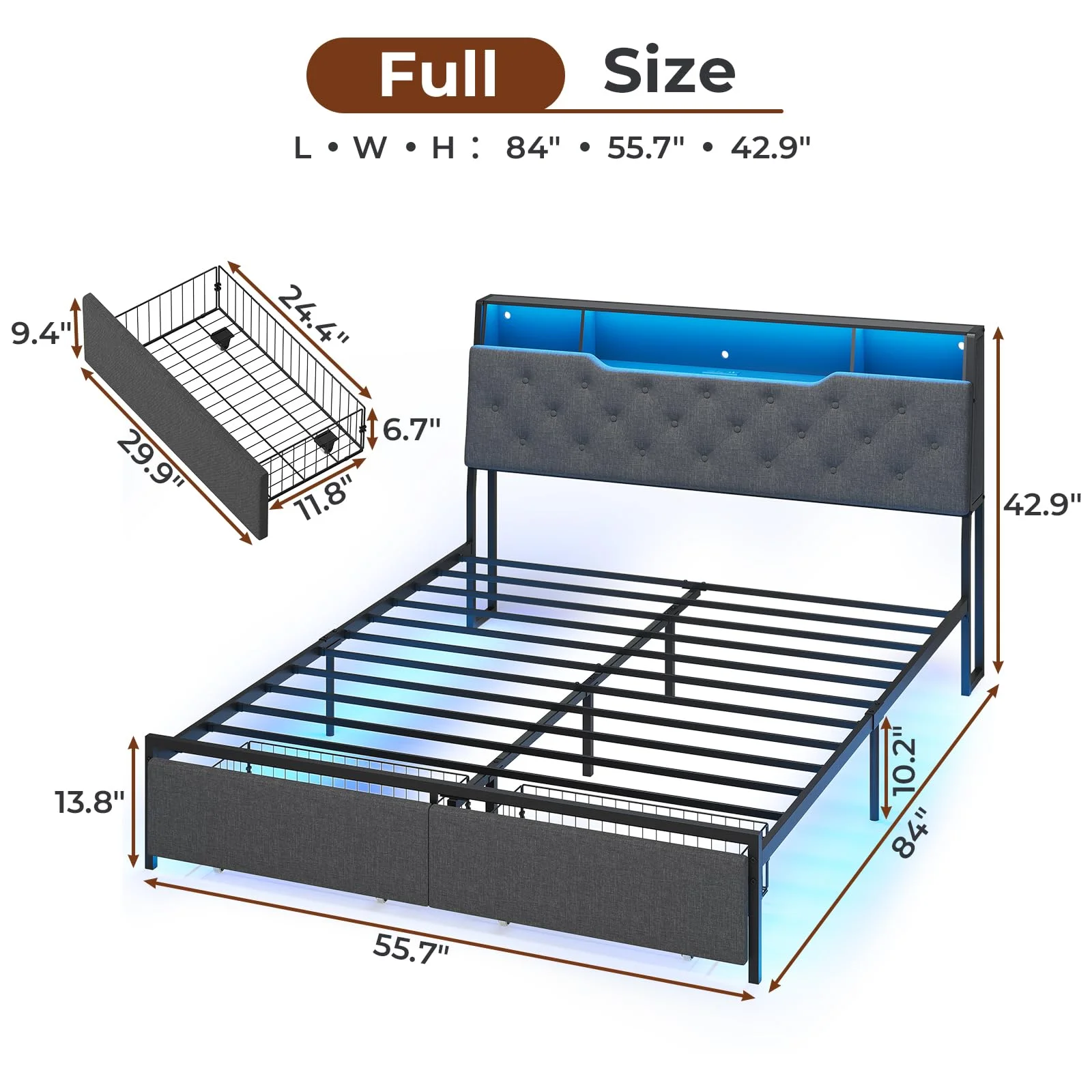 Afuhokles Full Bed Frame with Charging Station, Headboard Storage and 2 Drawers LED Lights, Dark Gray