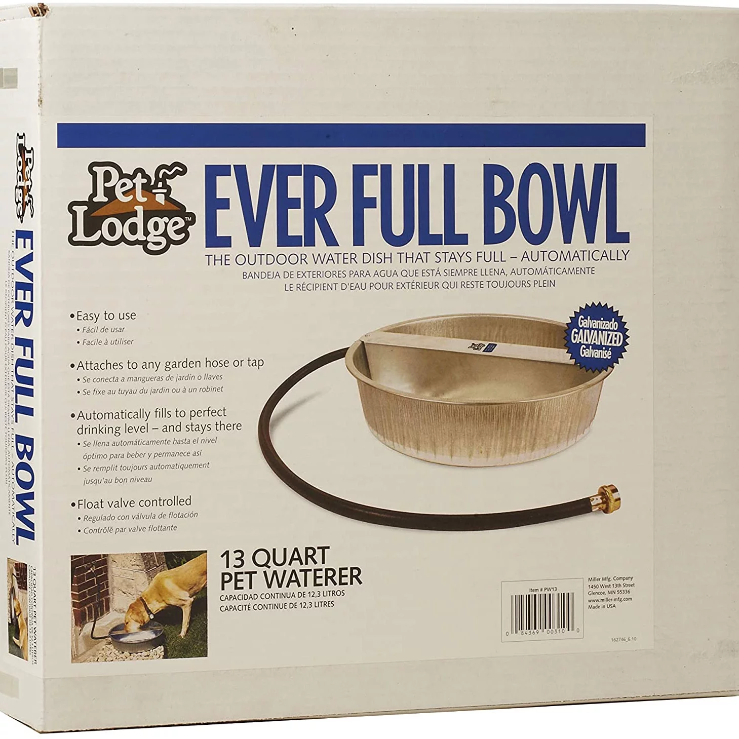 Pet Lodge PW13 Ever-Full Galvanized Steel 52 Cups & 13 Quarts Capacity Pet Bowl