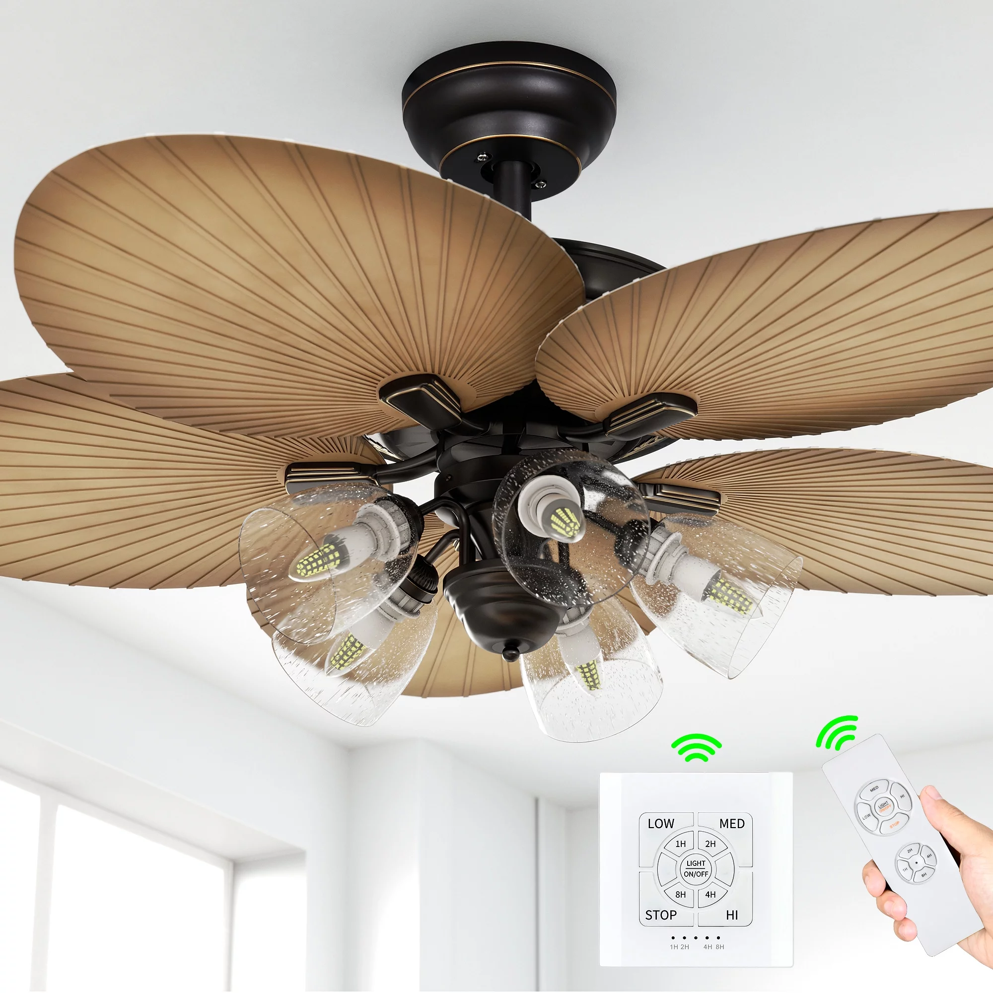 Dextrus 52in Tropical Ceiling Fans with Light and Remote, 5 Palm Leaf Blades, 3 Speed, Timer - Black & Brown