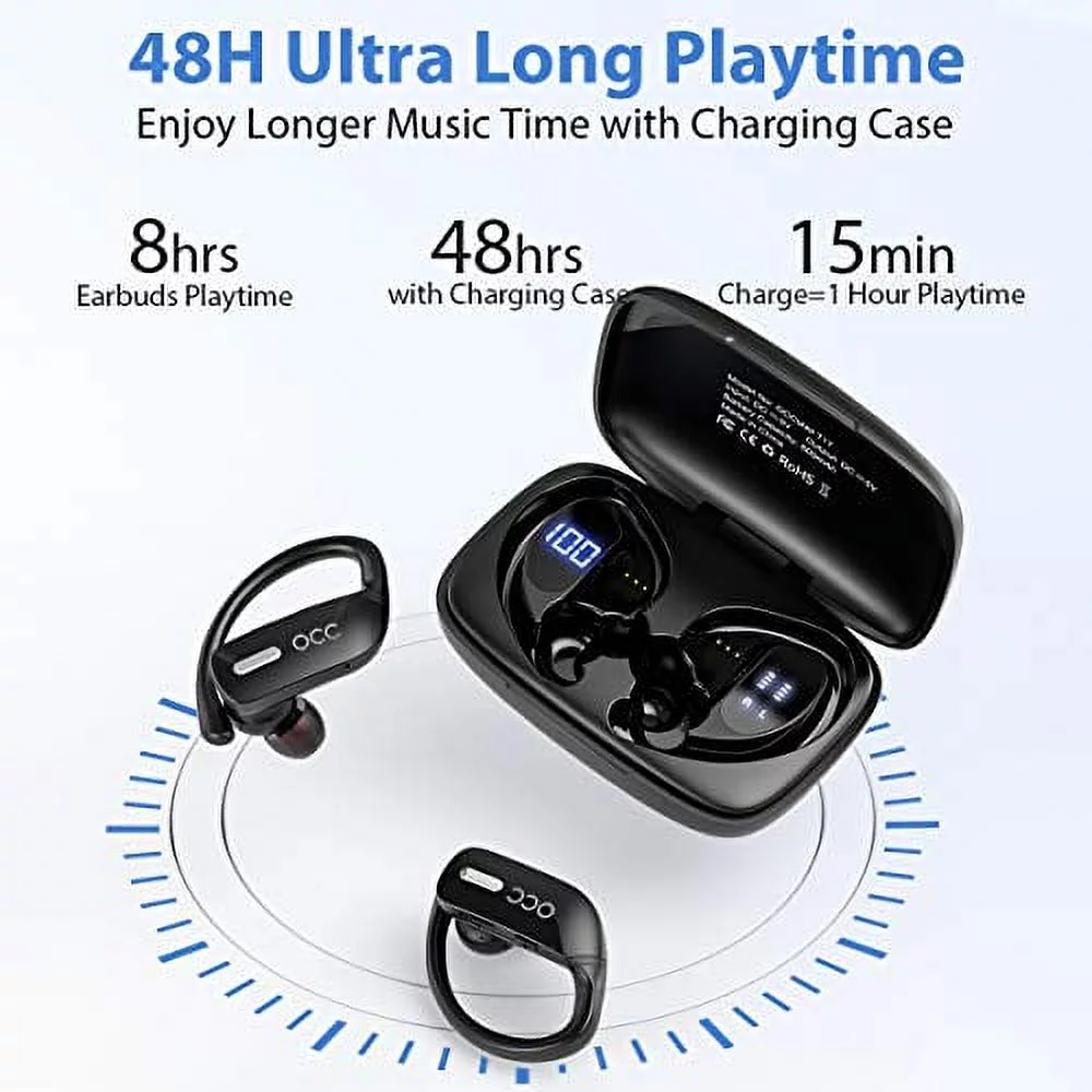 Occiam Bluetooth Headphones-True Wireless Earbuds 48Hrs Playtime Earphones TWS Deep Bass Loud Voice Call Over Ear Waterproof with Microphone Smart LED Display for Sports Running Gaming Workout-Black