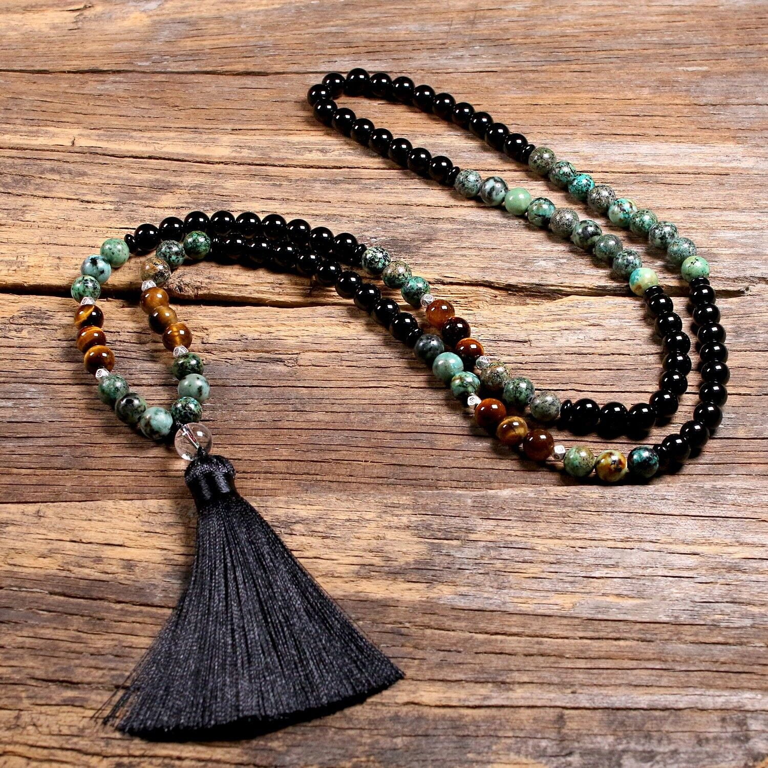 Turquoise 108 Mala Beads Prayer Tassel Onyx Healing Amulet Protection Necklace