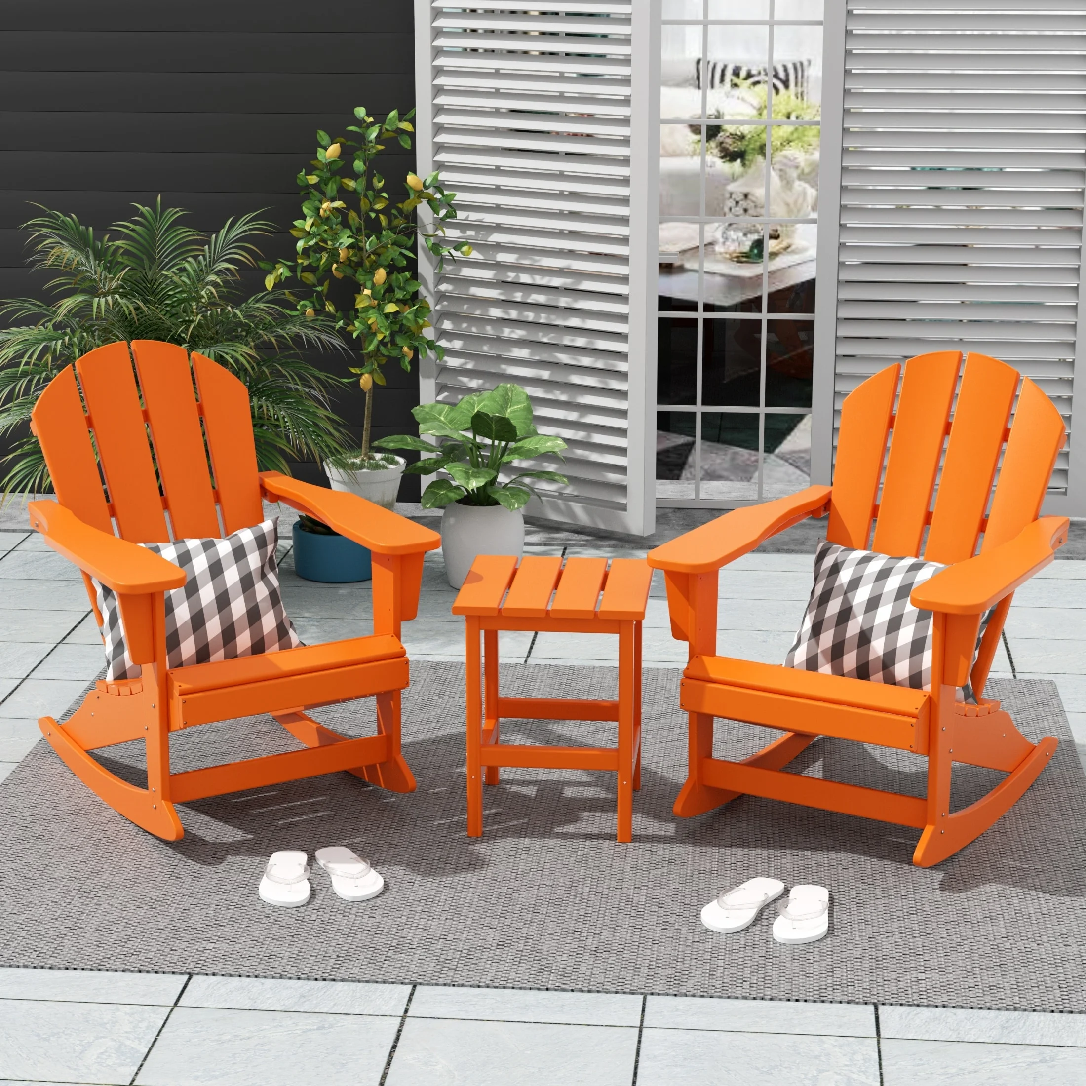 Polytrends Laguna 3-Piece Poly Adirondack Rocking Chairs and Side Table Set Orange