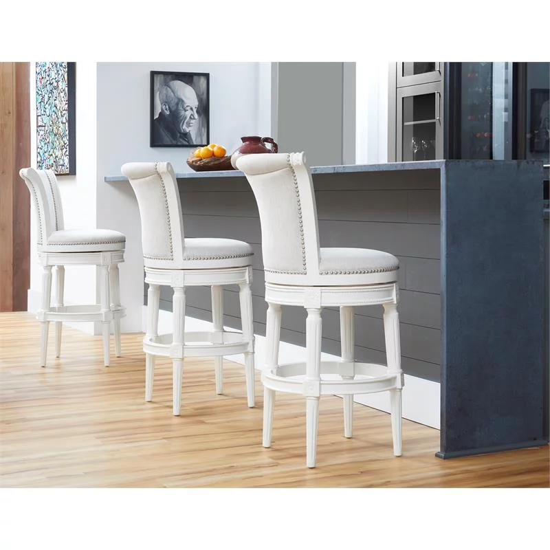 Home Square 3 Piece Upholstered Wood Bar Height Swivel Barstool Set in White