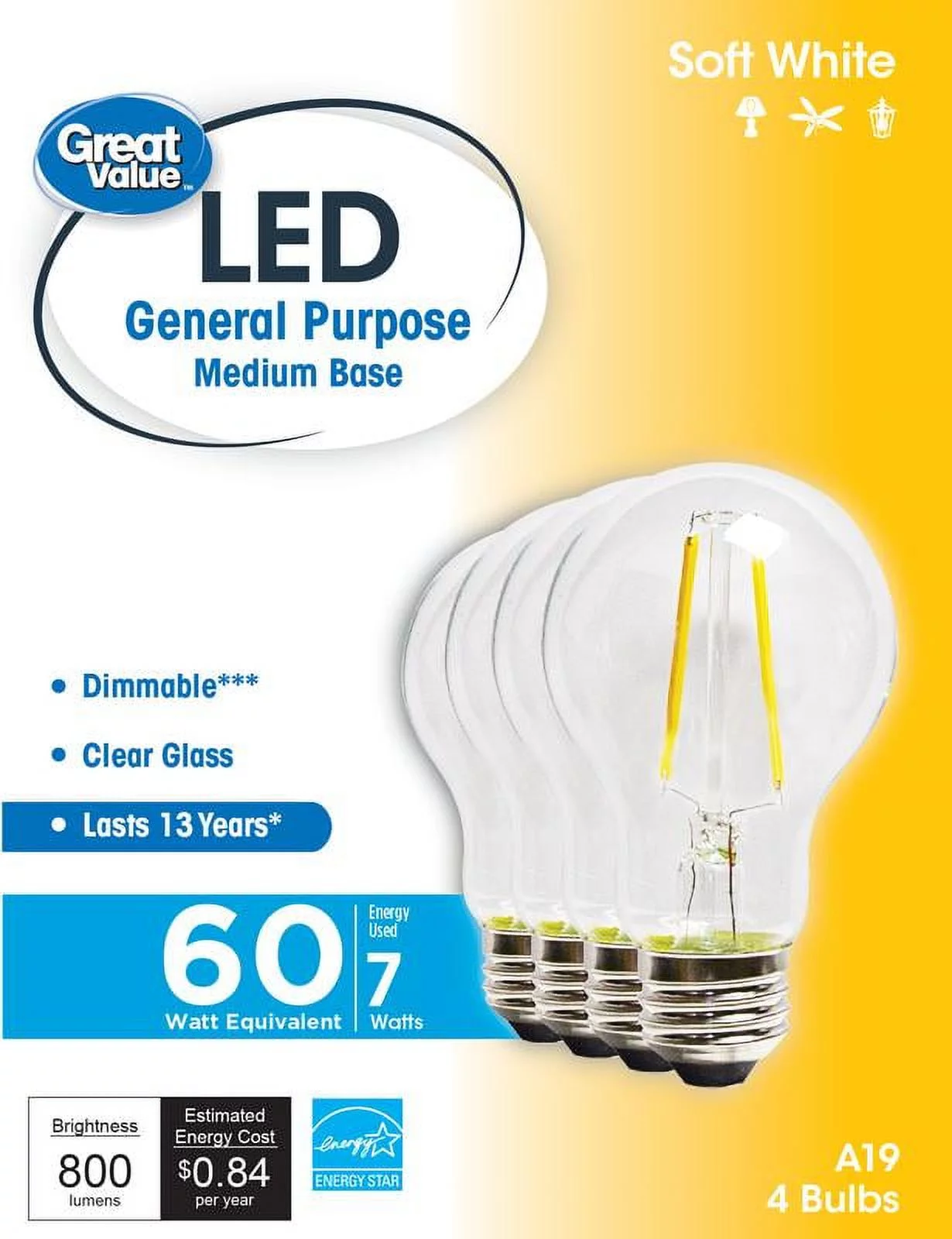 Great Value LED Light Bulb, 8W (60W Equivalent) A19 Clear Glass E26 Base, Dimmable, Soft White, 4-Pack
