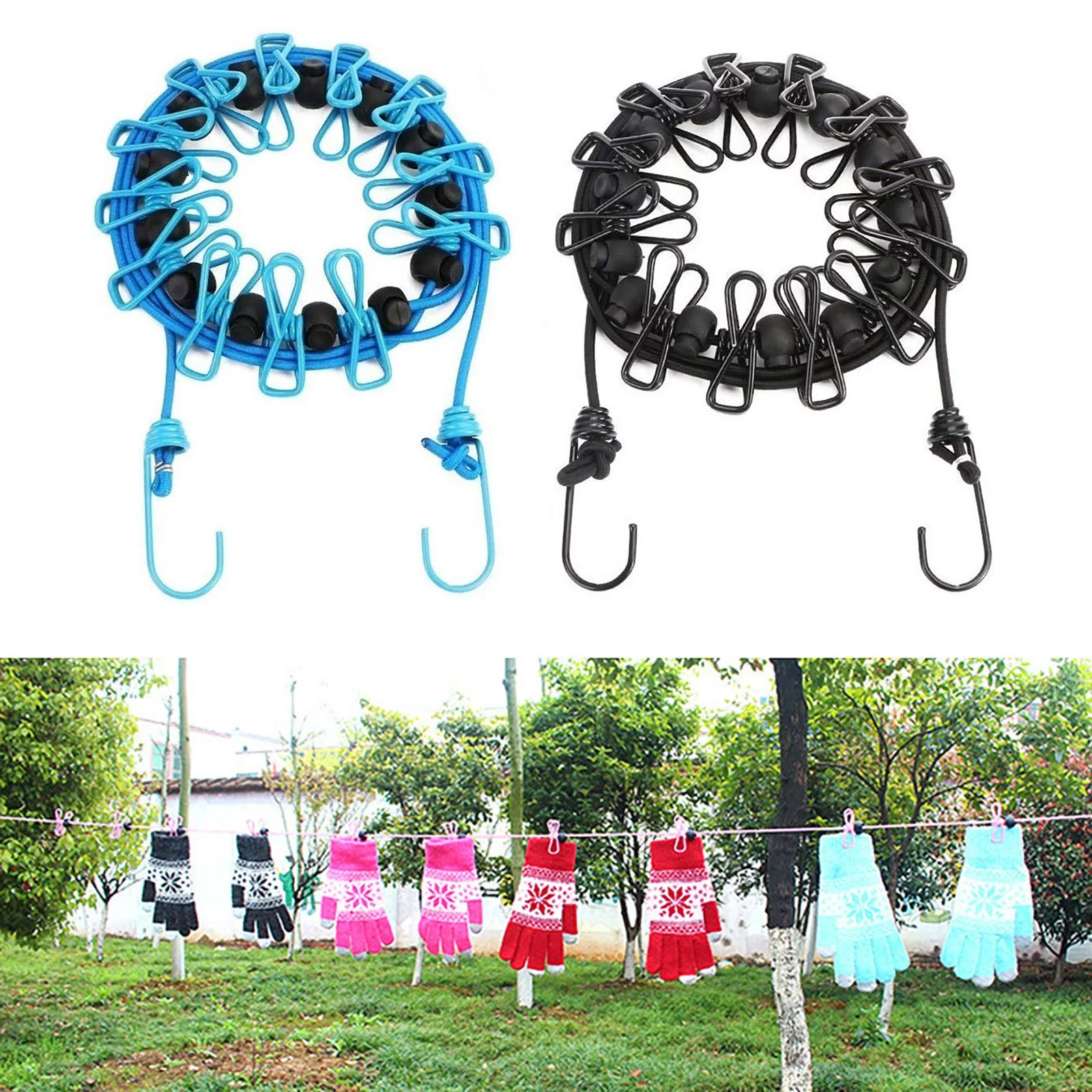 Feastival Gift! YOHOME 2-piece Portable Clothesline with 12 Clothespins Retractable Elastic Laundry