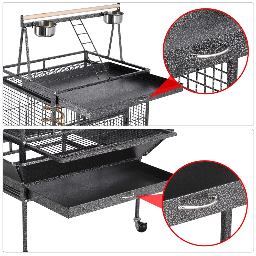 Topeakmart 68.5'' Play Top Parrot Cage Metal Rolling Birdcage, Black