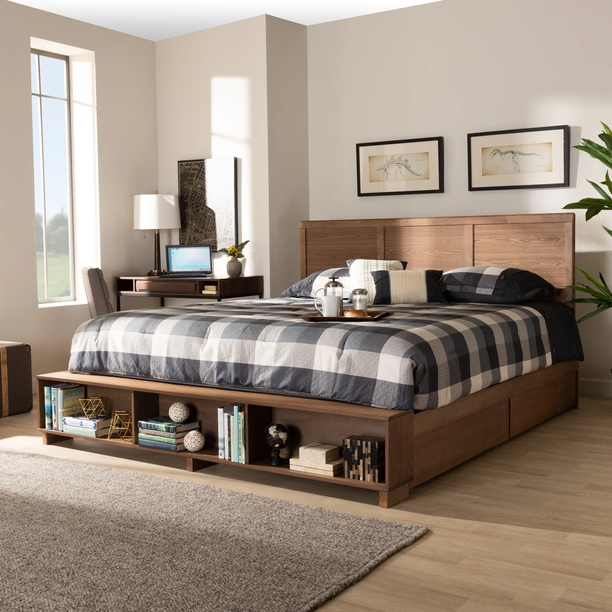 Baxton Studio Tamsin Modern Transitional 4-Drawer Storage Bed with Built-In Shelves