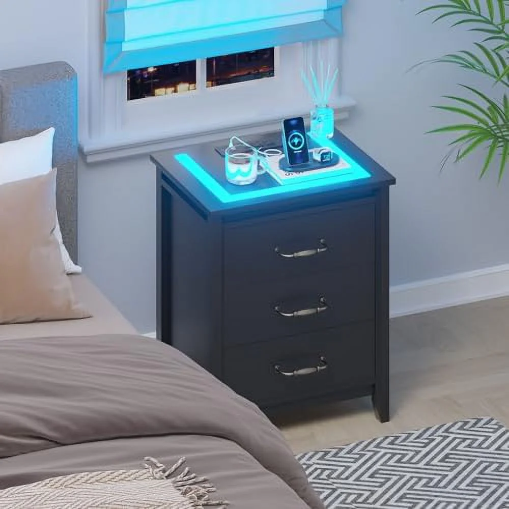 GEROBOOM Nightstand with Charging Station & LED Lights  Bedside Table Night Stand for Bedroom  LED Nightstand with Drawers  End Table with USB Ports & 2 AC Outlets  Black