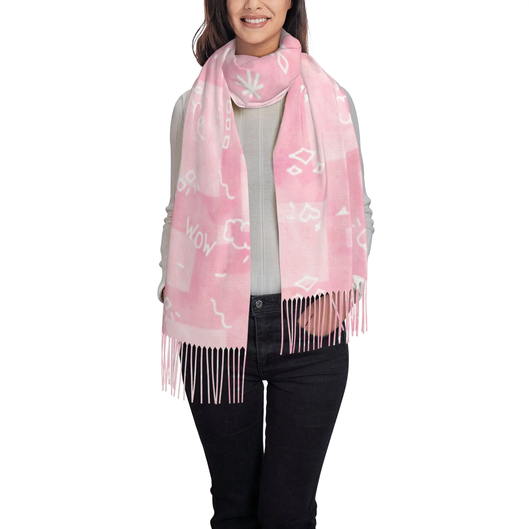 Women's Fashion Tassel Scarf, Pink Cartoon Doodle Long Shawl, Lightweight and Warm