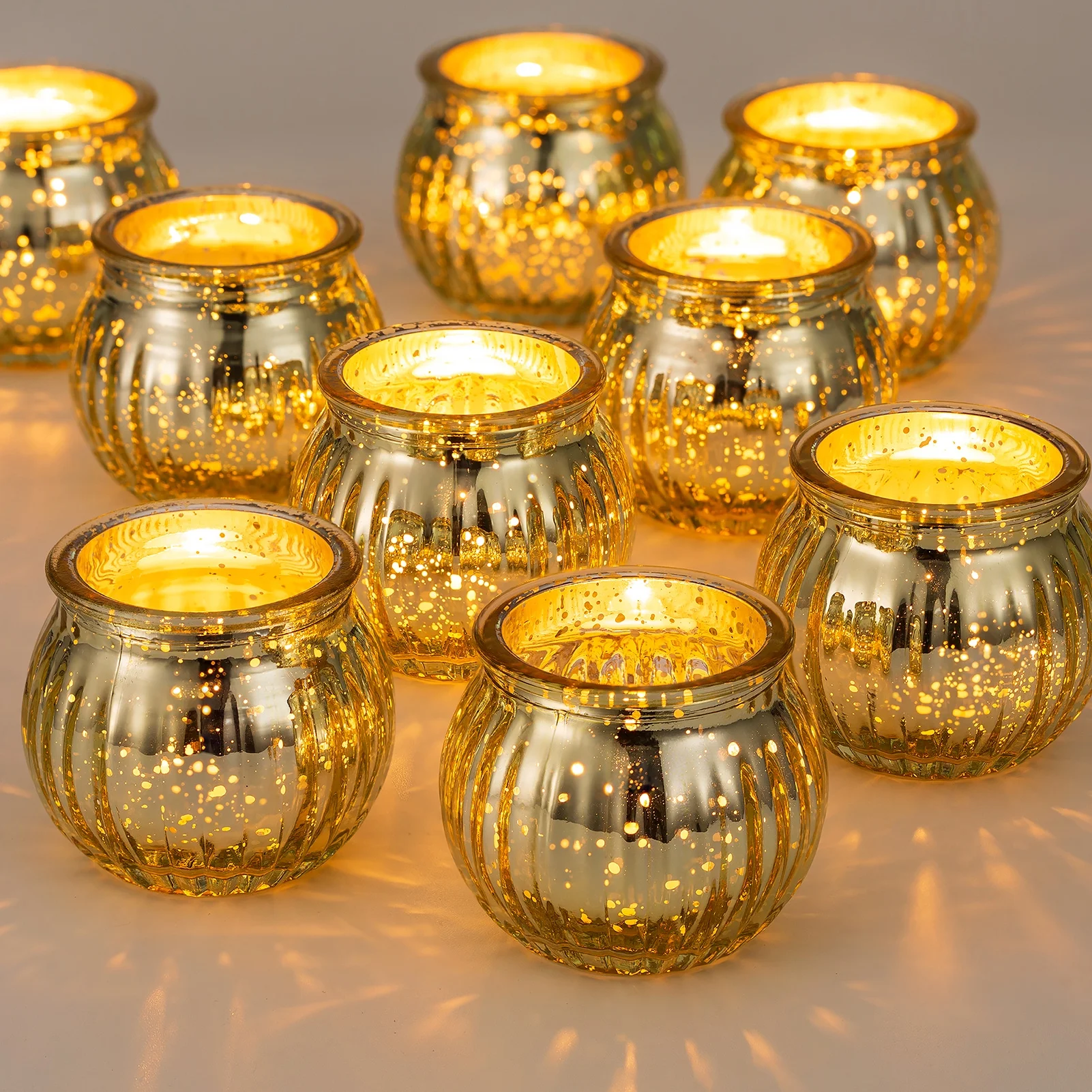 Nuptio Tea Light Candle Holders Set of 12 Gold Glass Pumpkin Tealight Holder Ribbed Votive Bulk Christmas Thanksgiving Decorations Wedding Party Living Room Table Centrepieces