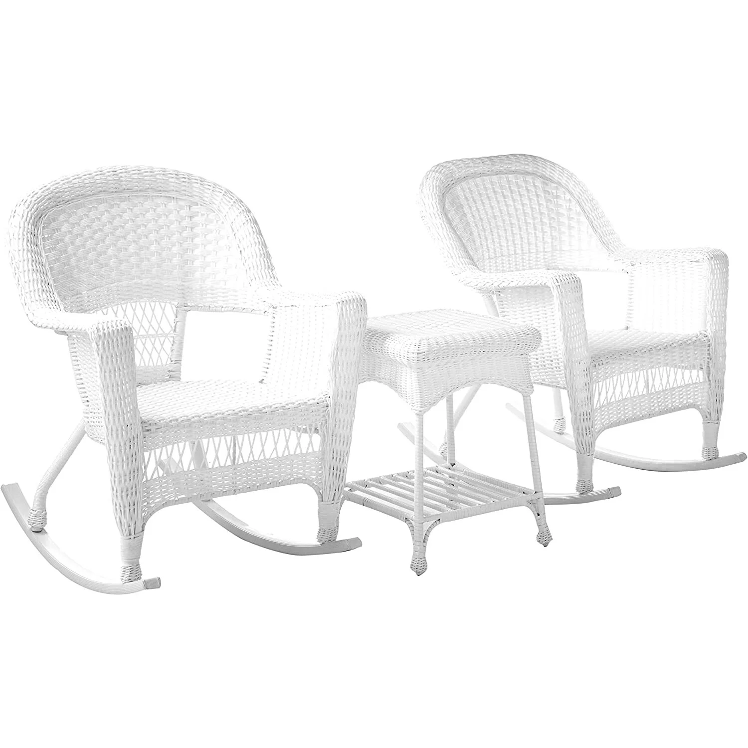 Jeco 3 Piece Resin Wicker Outdoor Patio Rocker Chair with End Table Set in White