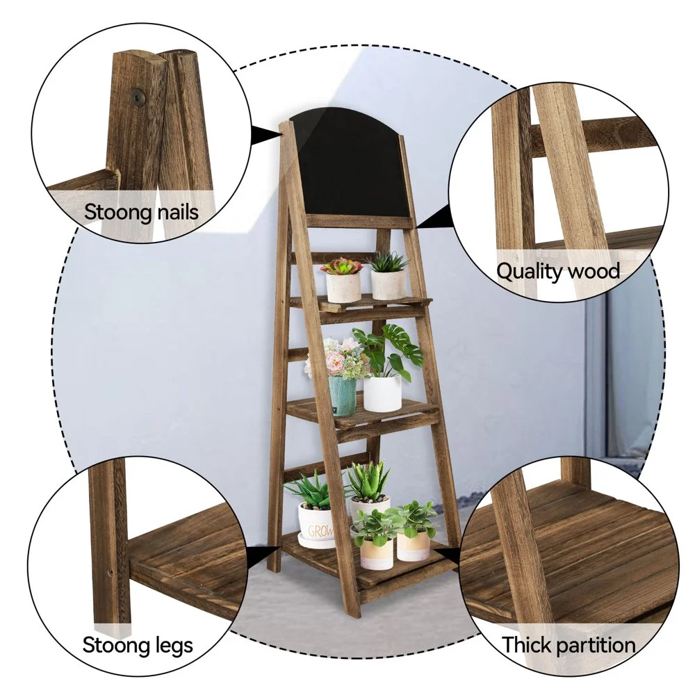 leecrd Wooden 4-Tier Ladder Shelf Foldable Bookshelf Plant Stand Display Shelf Black