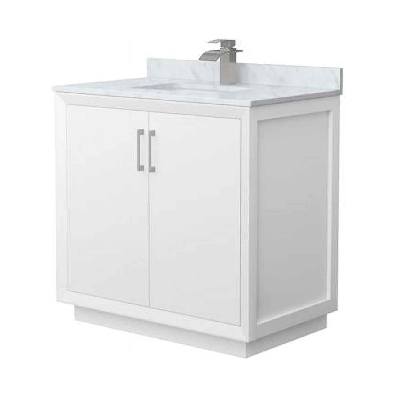 36 in. Strada Single Bathroom Vanity, White, White Carrara Marble Countertop, Undermount Square Sink & Brushed Nickel Trim