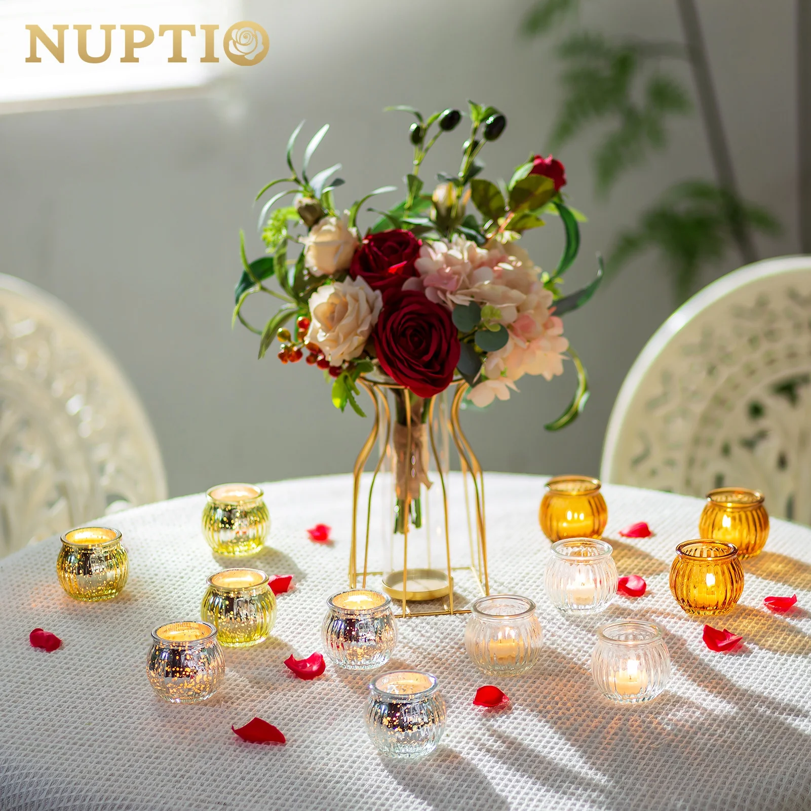 Nuptio Tea Light Candle Holders Set of 12 Gold Glass Pumpkin Tealight Holder Ribbed Votive Bulk Christmas Thanksgiving Decorations Wedding Party Living Room Table Centrepieces