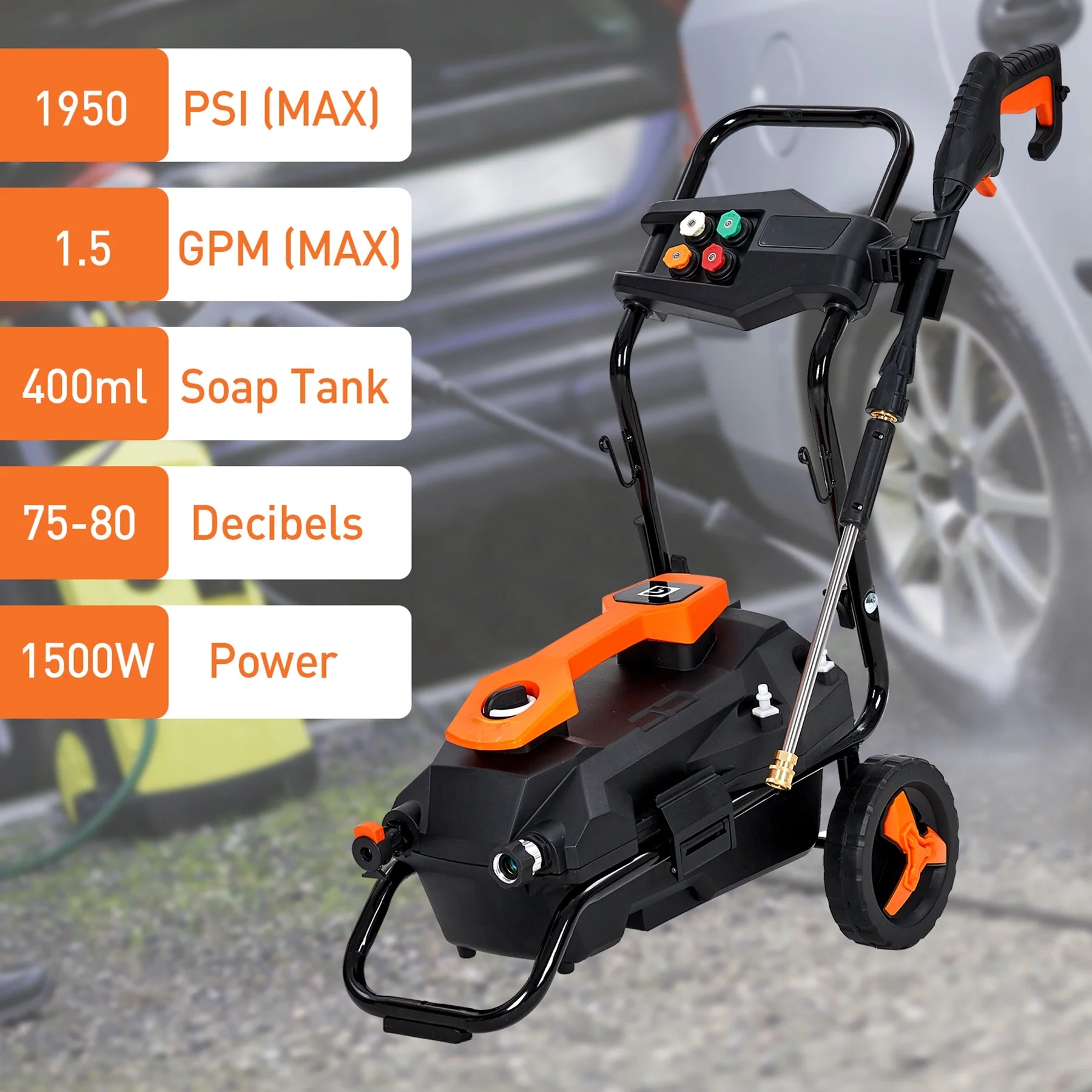 Homhougo—Electric Pressure Washer, 1950PSI 1.5GPM Power Washer Machine with 5 Nozzles, 25FT Hose & 35FT Power Cord