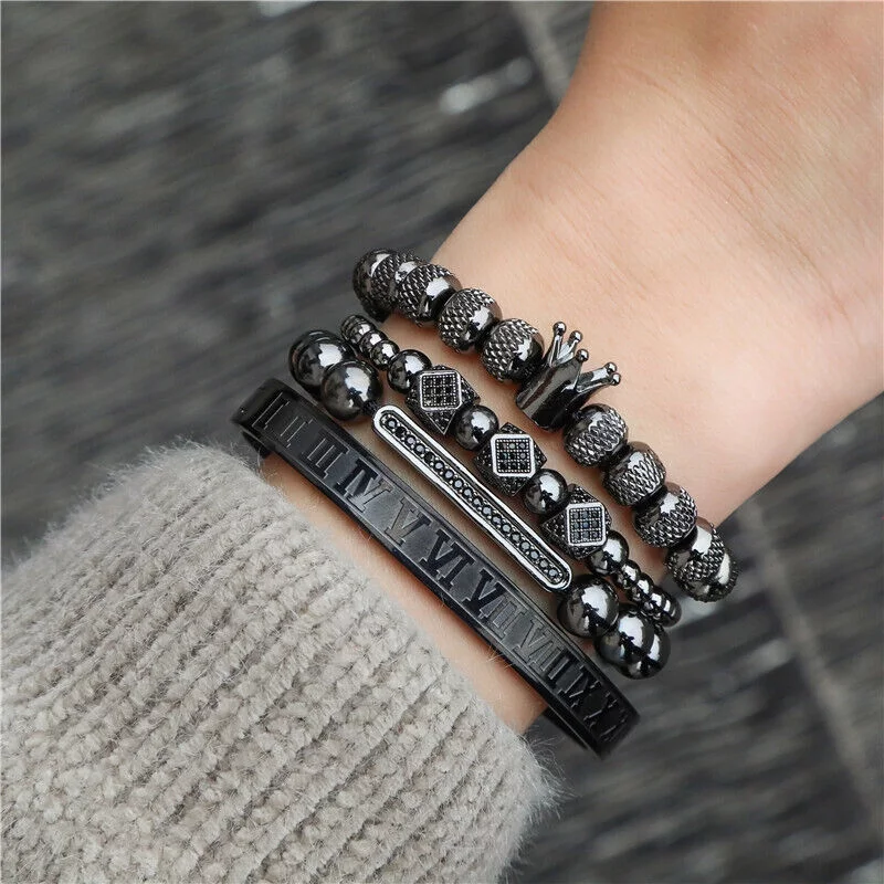 Luxury Punk Bracelets Set for men,4pcs Crown CZ diamond row crescent combination