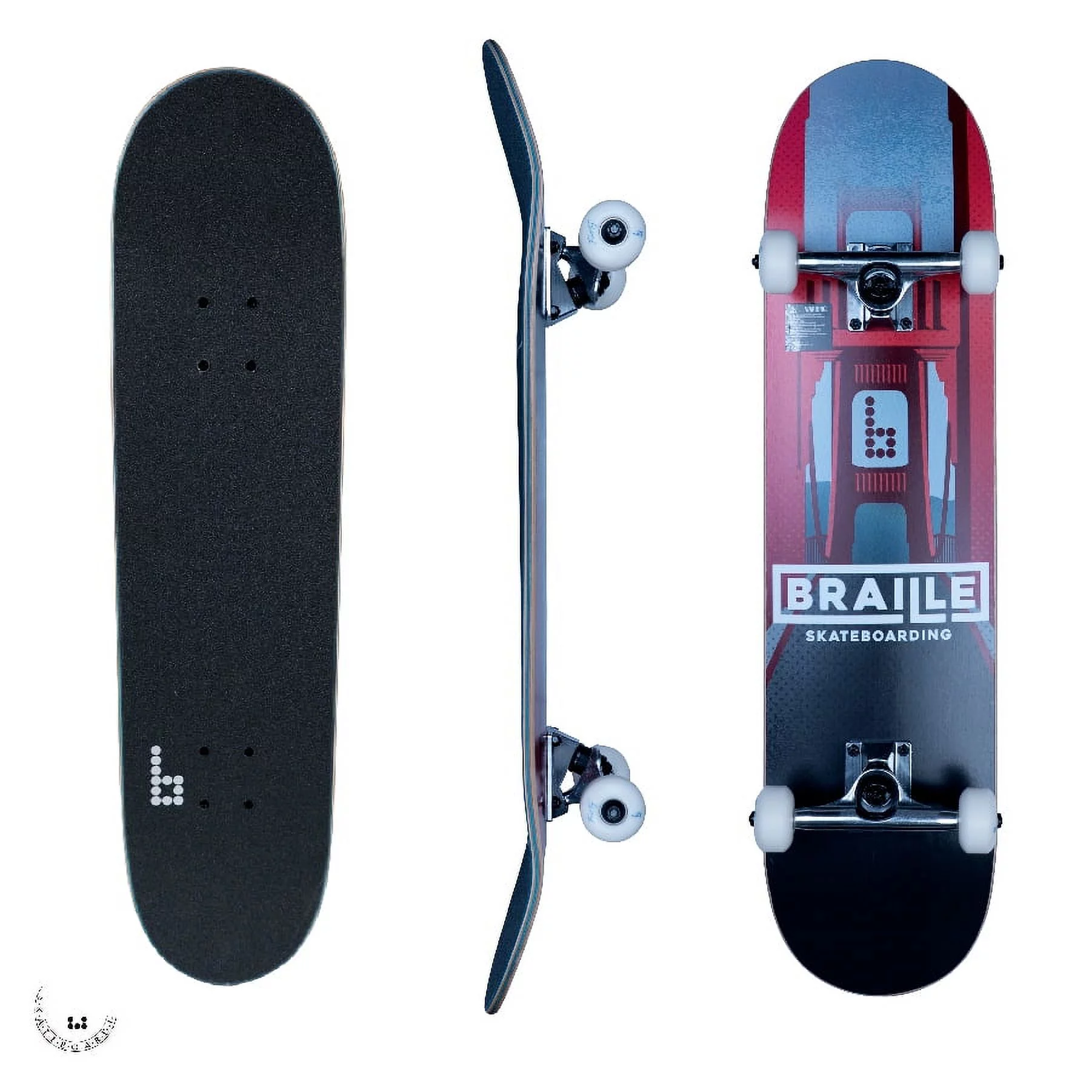 Braille Skateboarding - Bridge Red & Grey, 31” x 7.75” Complete Skateboard, with 7-Ply Maple Deck and Abec-7 bearings