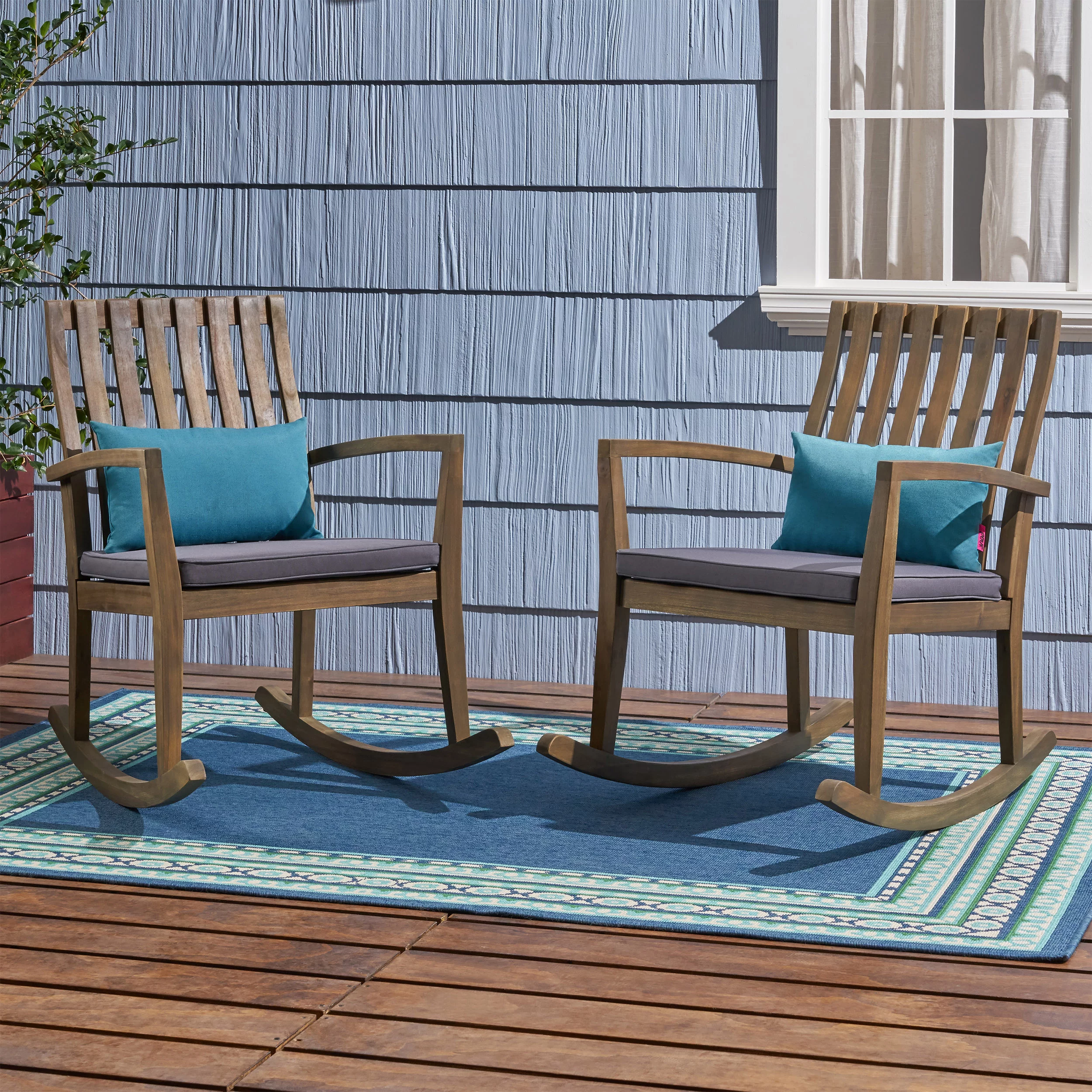 GDF Studio Adderbury Outdoor Acacia Wood Rocking Chair with Cushions, Set of 2, Gray and Dark Gray