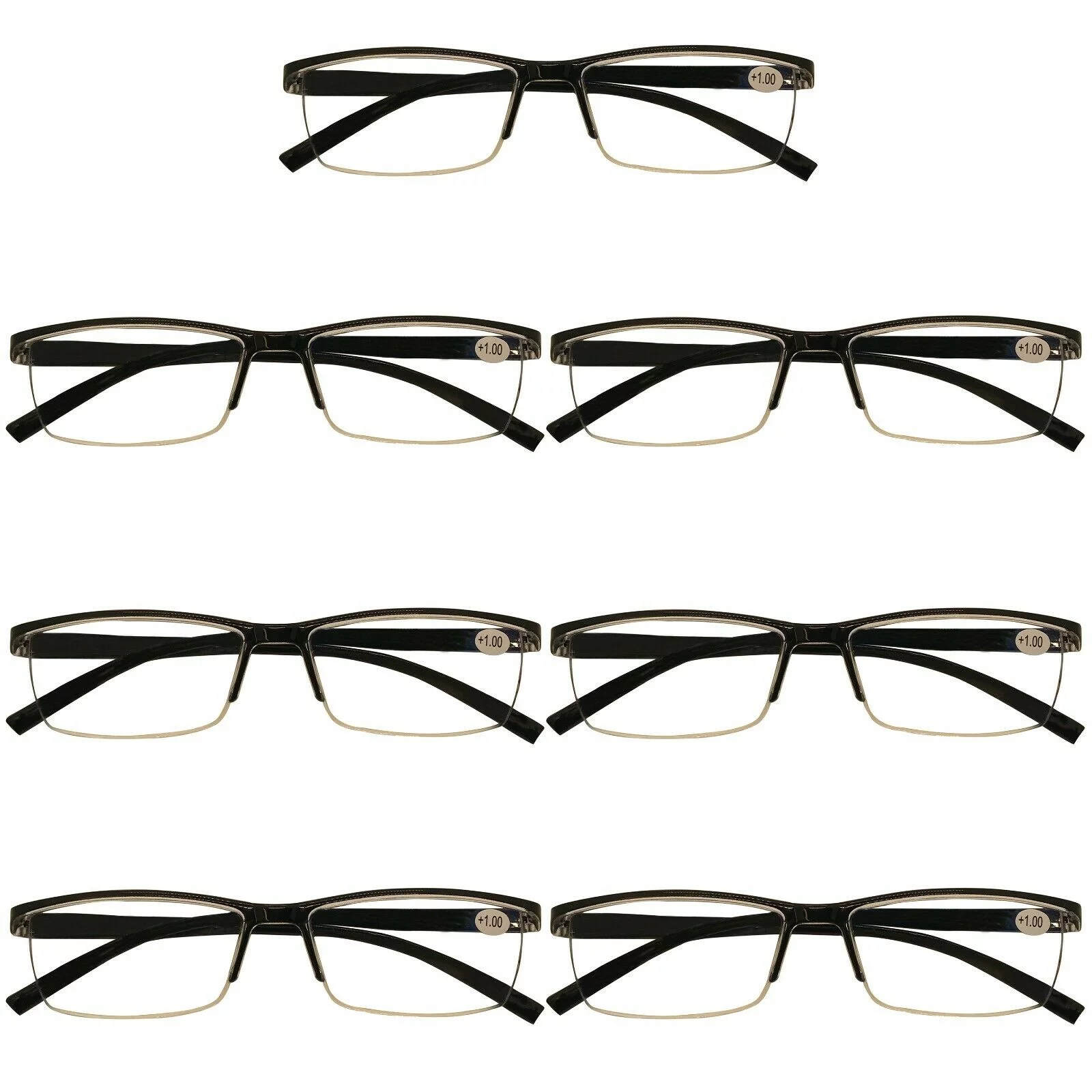 7 Packs Mens Rectangle Half Frame Reading Glasses Blue Light Blocking Black Spring Hinge Readers +1.00