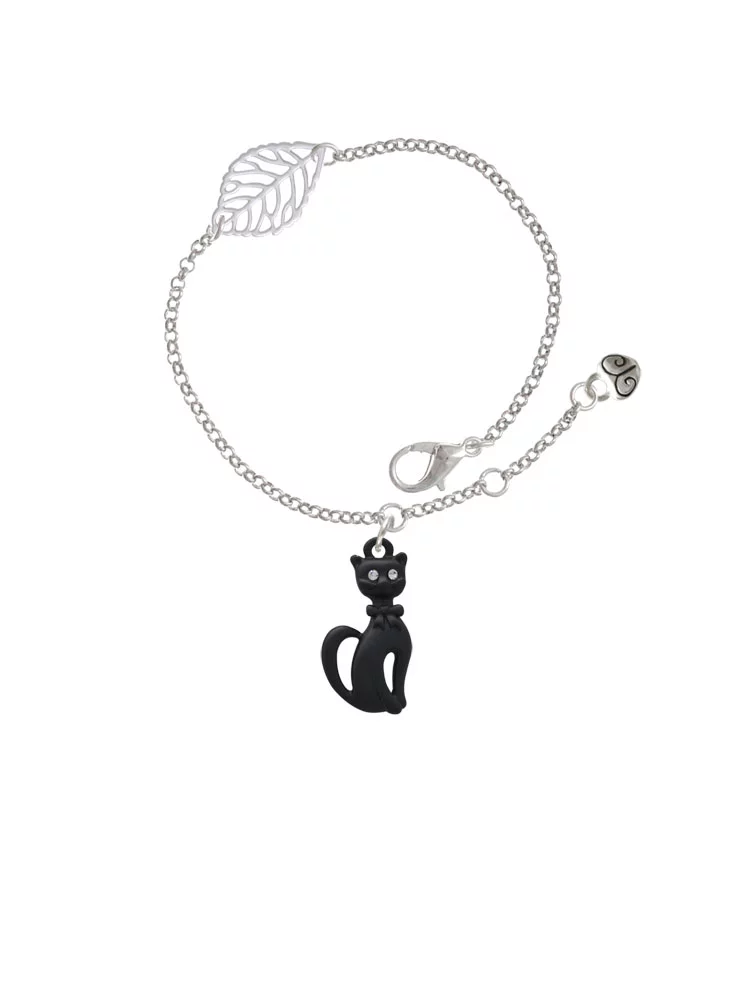 Delight Jewelry Tall Sitting Matte Black Cat - Silvertone Leaf Delicate Bracelet, 6.25+1.75