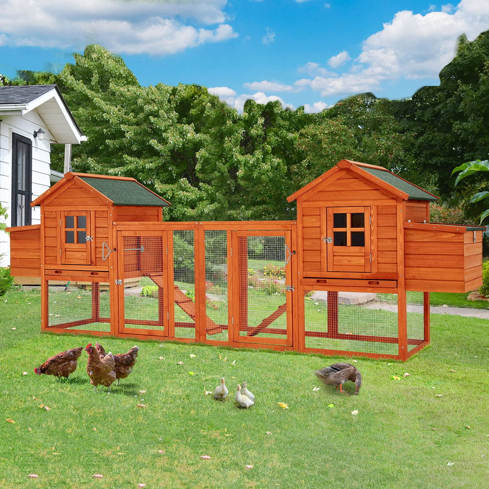 YODOLLA 144” Large Wooden Chicken Coop, Outdoor Hens House with Ramps and Nesting Boxes,Brown