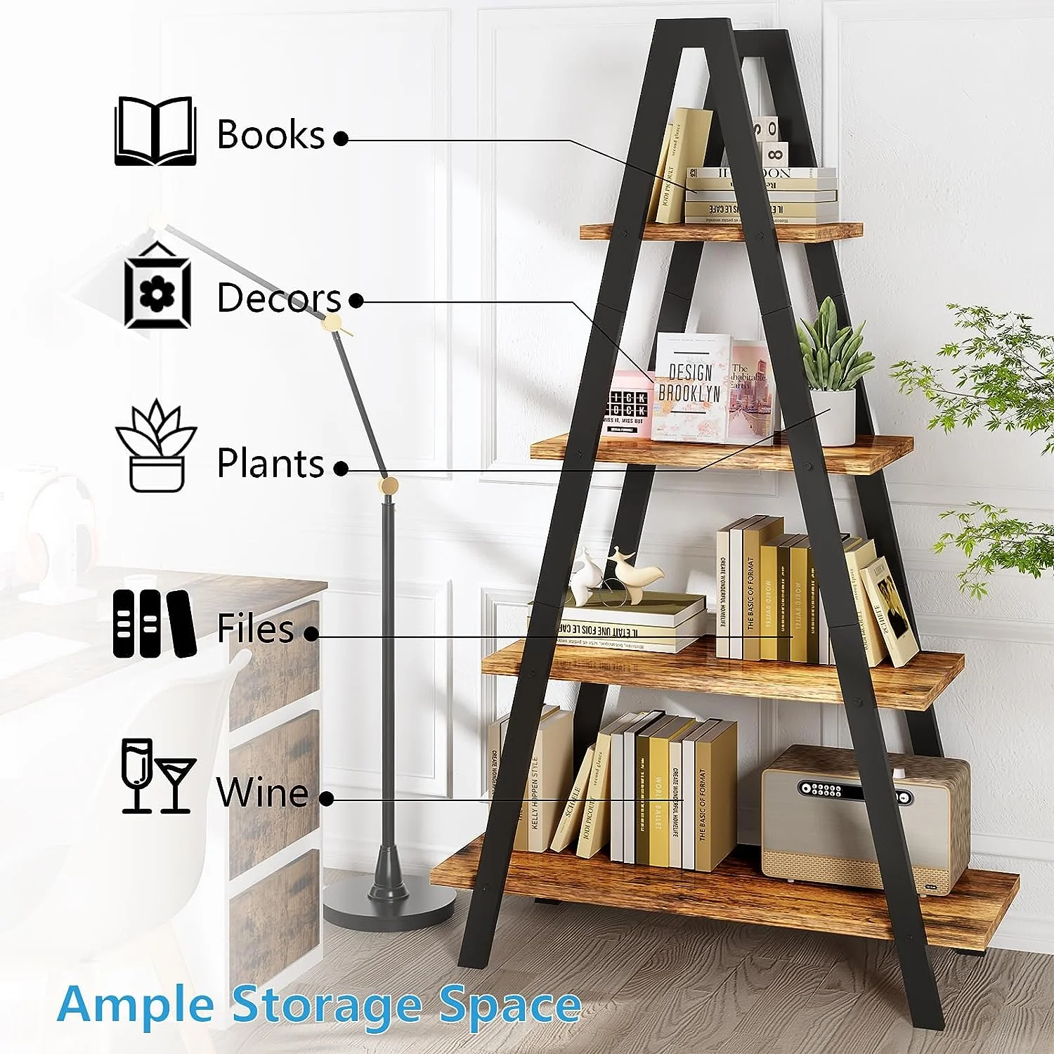 Recaceik 4-Tier Ladder Bookshelf, A-Shaped Bookcase Open Display Shelves with Metal Frame