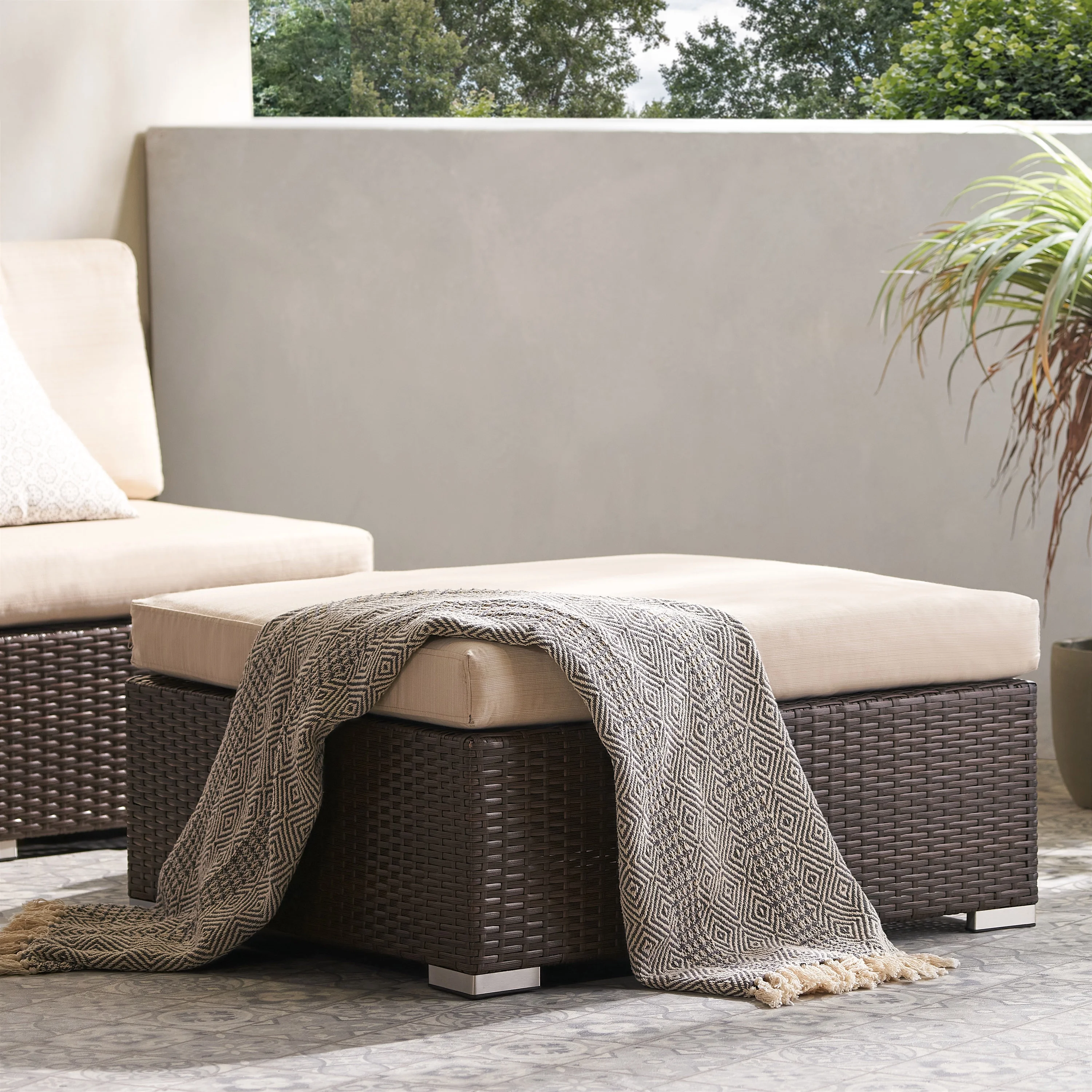 GDF Studio Avianna Outdoor Wicker Ottoman with Cushion, Multibrown, Beige