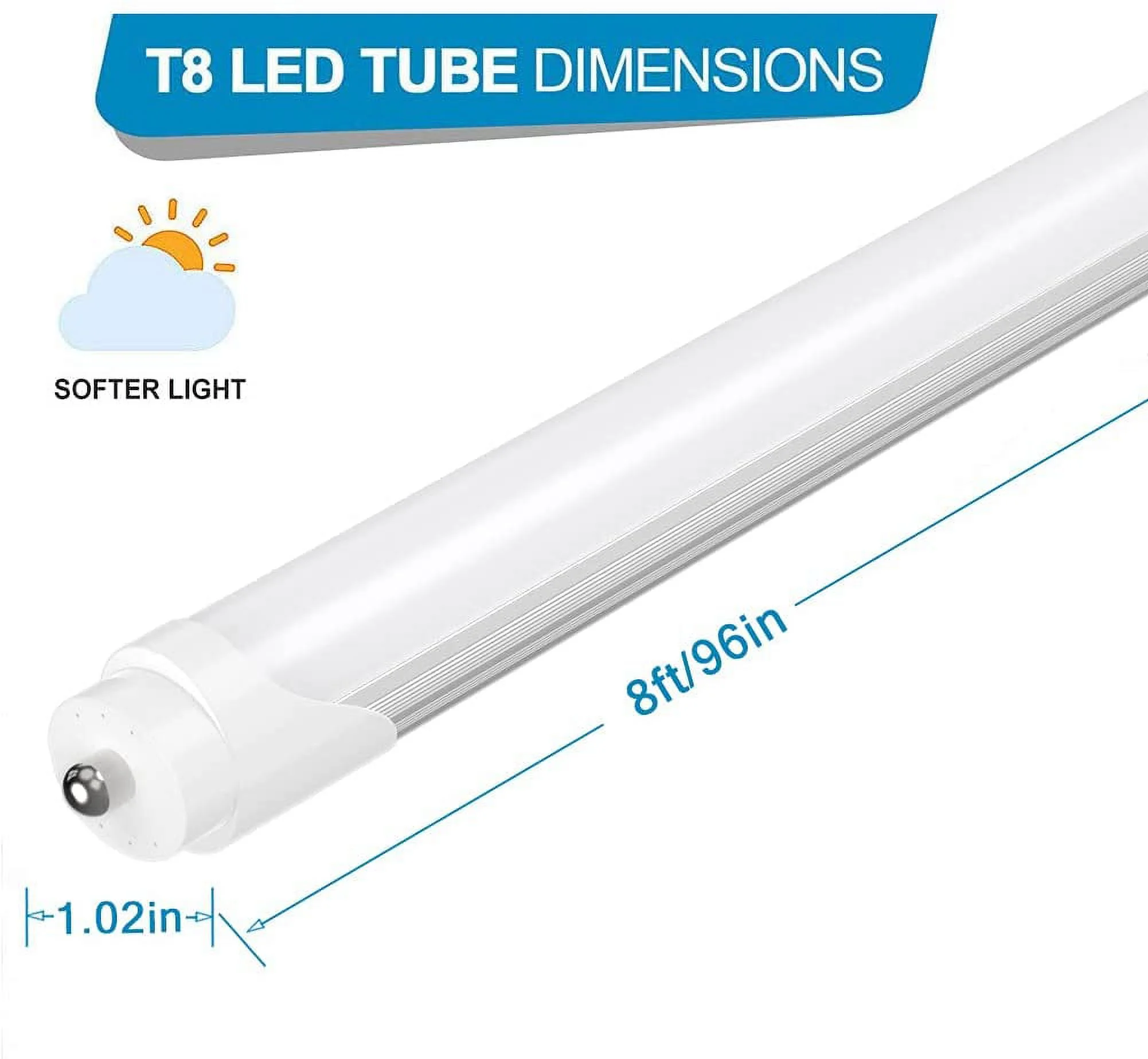 Single Pin T8 LED Tube Light 8ft Fa8 LED Bulbs, 45W 6000K Froted, 8-Pack