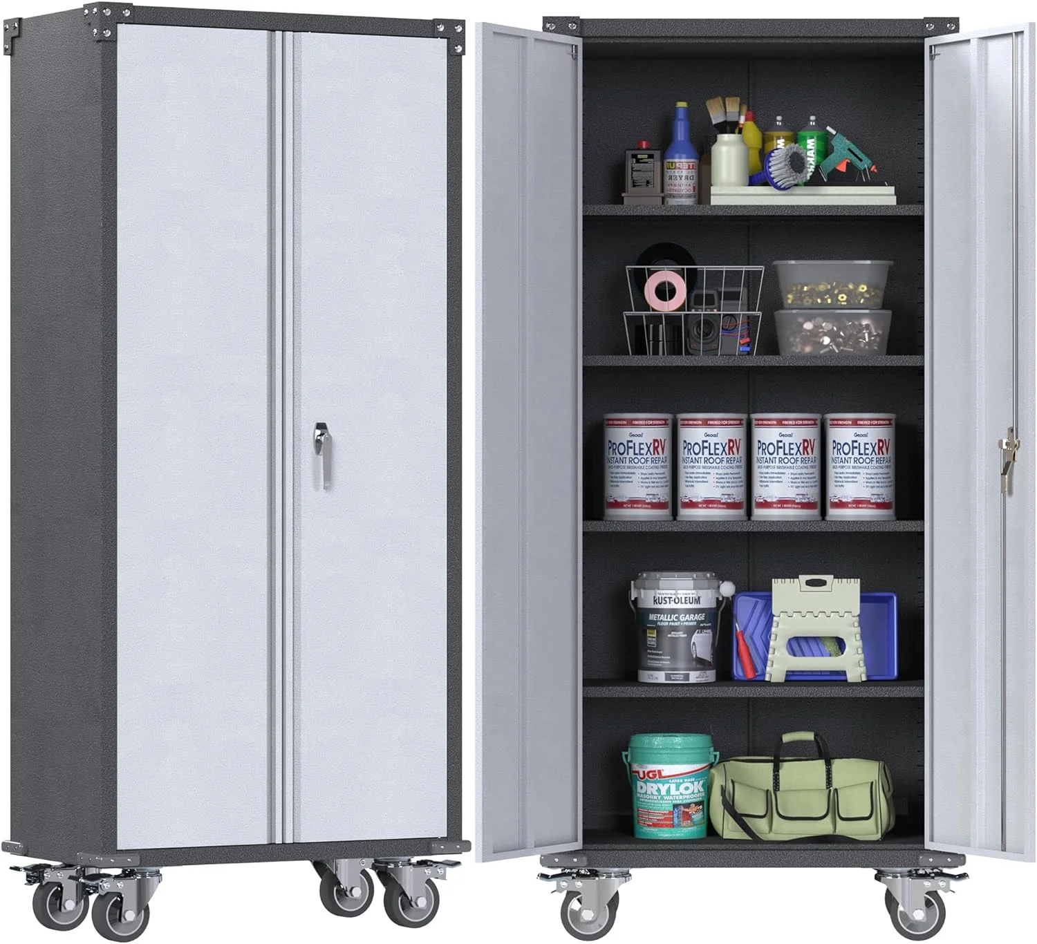 Metal Storage Cabinet with 2 Door and 4 Adjustable Shelves, 71 inch Tall Steel Cabinet for Warehouse, Garage, Home, Office,Easy Assemble Required(Gery)