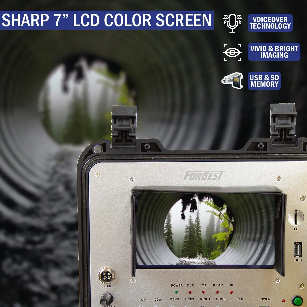 Sewer Camera, pipe inspection camera, 130FT cable W/ FT counter, 1'' camera head W/ 512Hz transmitter & self-leveling, can pair W/ 512Hz locator