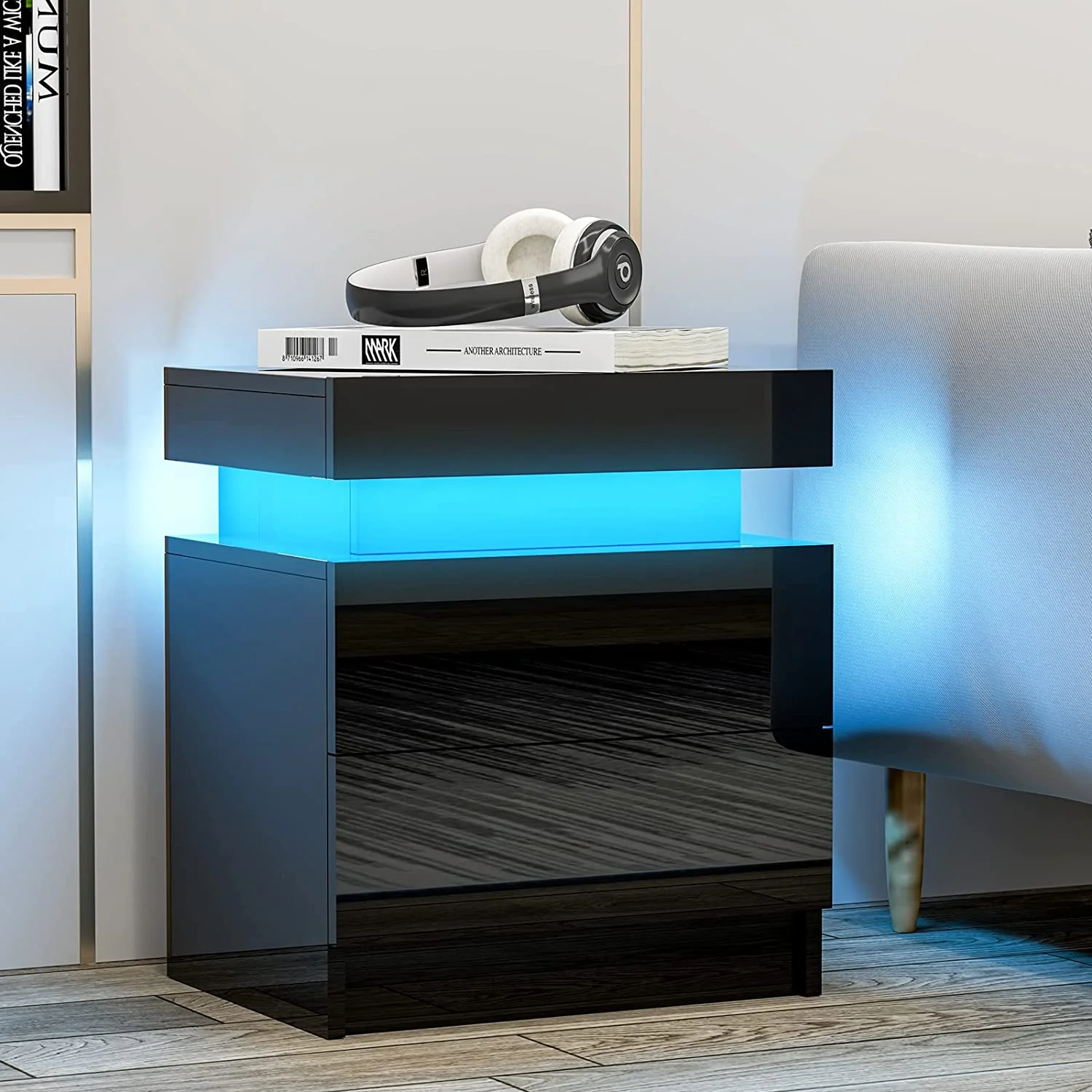 IKIFLY Black Modern LED Nightstand with 2 Drawers/High Gloss Bedside Tables with Changing LED Lights/End Side Table for Bedroom Living Room Furniture - Black