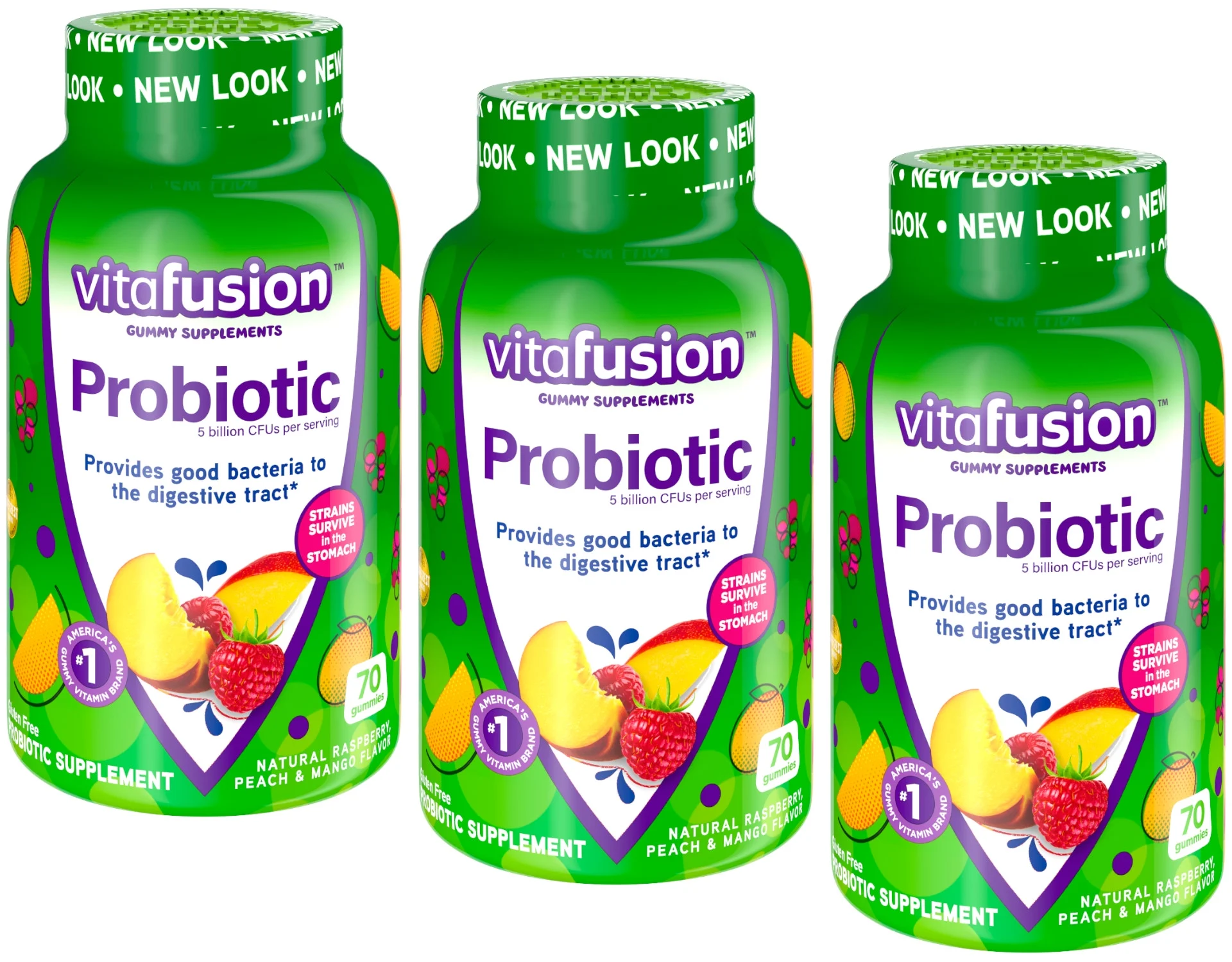 3 Pack Vitafusion Probiotic Gummy Supplement Raspberry Peach Mango 70 Gummies
