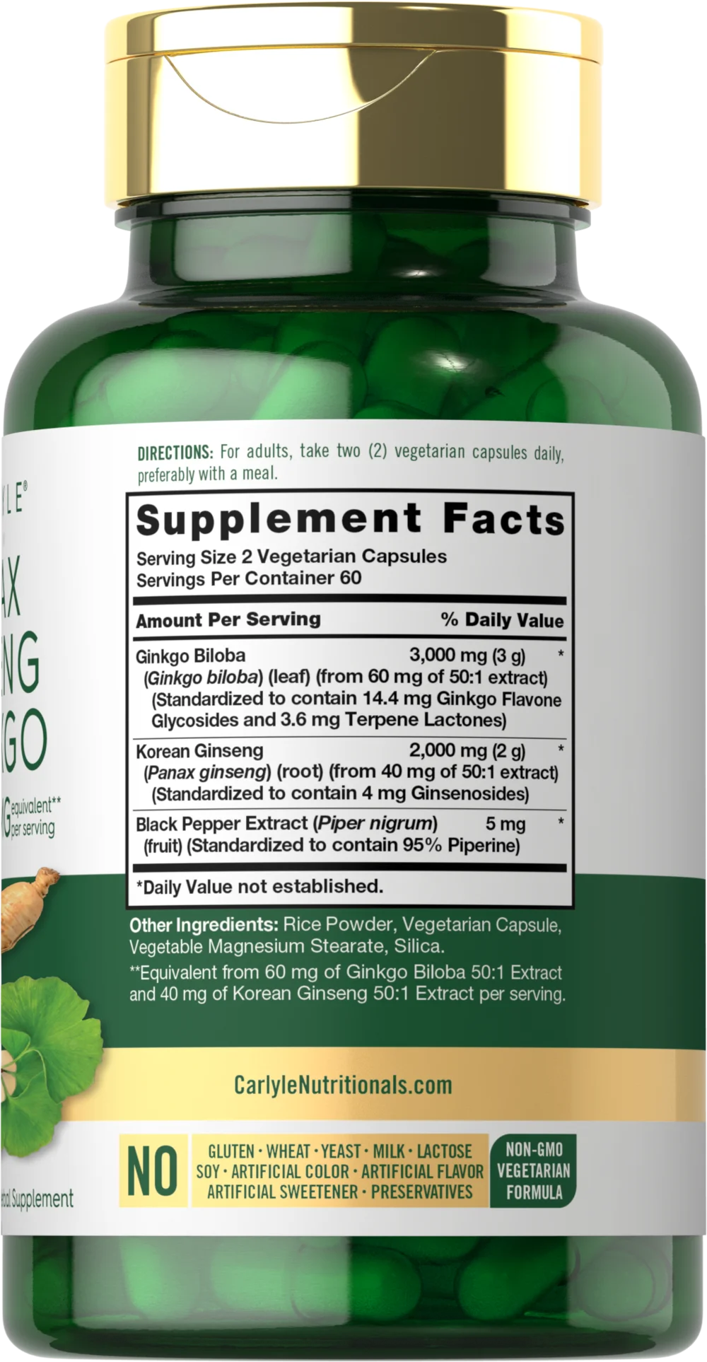 Panax Ginseng + Ginkgo Biloba | 5,000mg | 120 Vegetarian Capsules | By Carlyle