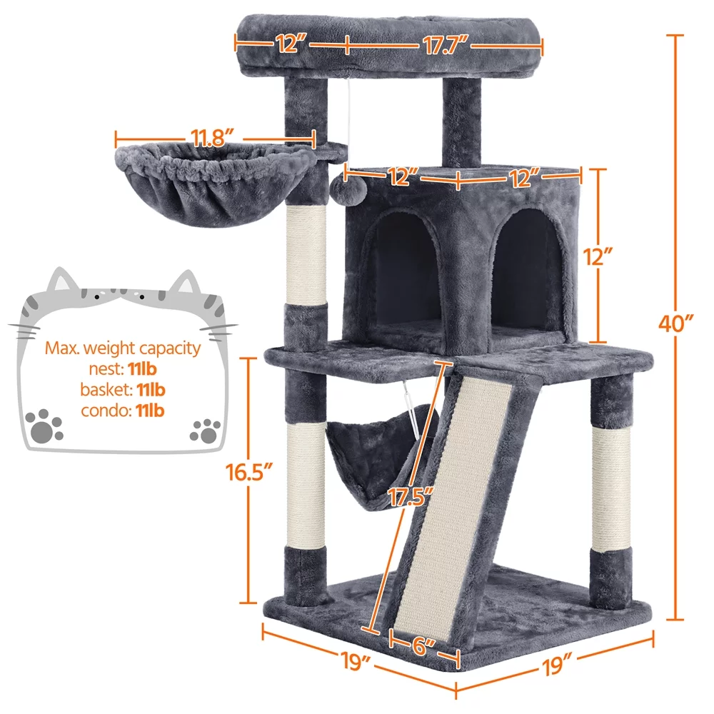 Easyfashion 40'' Height Cat Tree with Scratching Board/Posts, Dark Gray