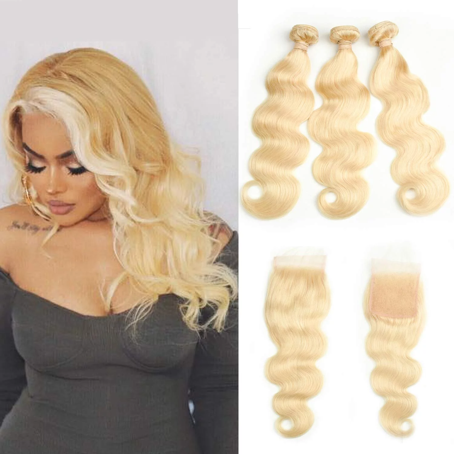 Beauhair 613 Bundles With Closure Human Hair Body Wave Blonde Bundles With Closure 3 Bundles With Transparent Color Lace Closure 4x4 Brazlian Remy Hair 16”18”20”With 14” Inch Closure Total 350 Gram