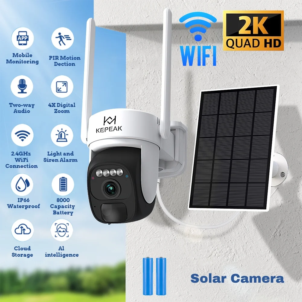2K Solar Security Cameras,360° View Outdoor Home Surveillance with Full Color Night Vision, 2-Way Audio, PIR Detection,2.4G Wifi