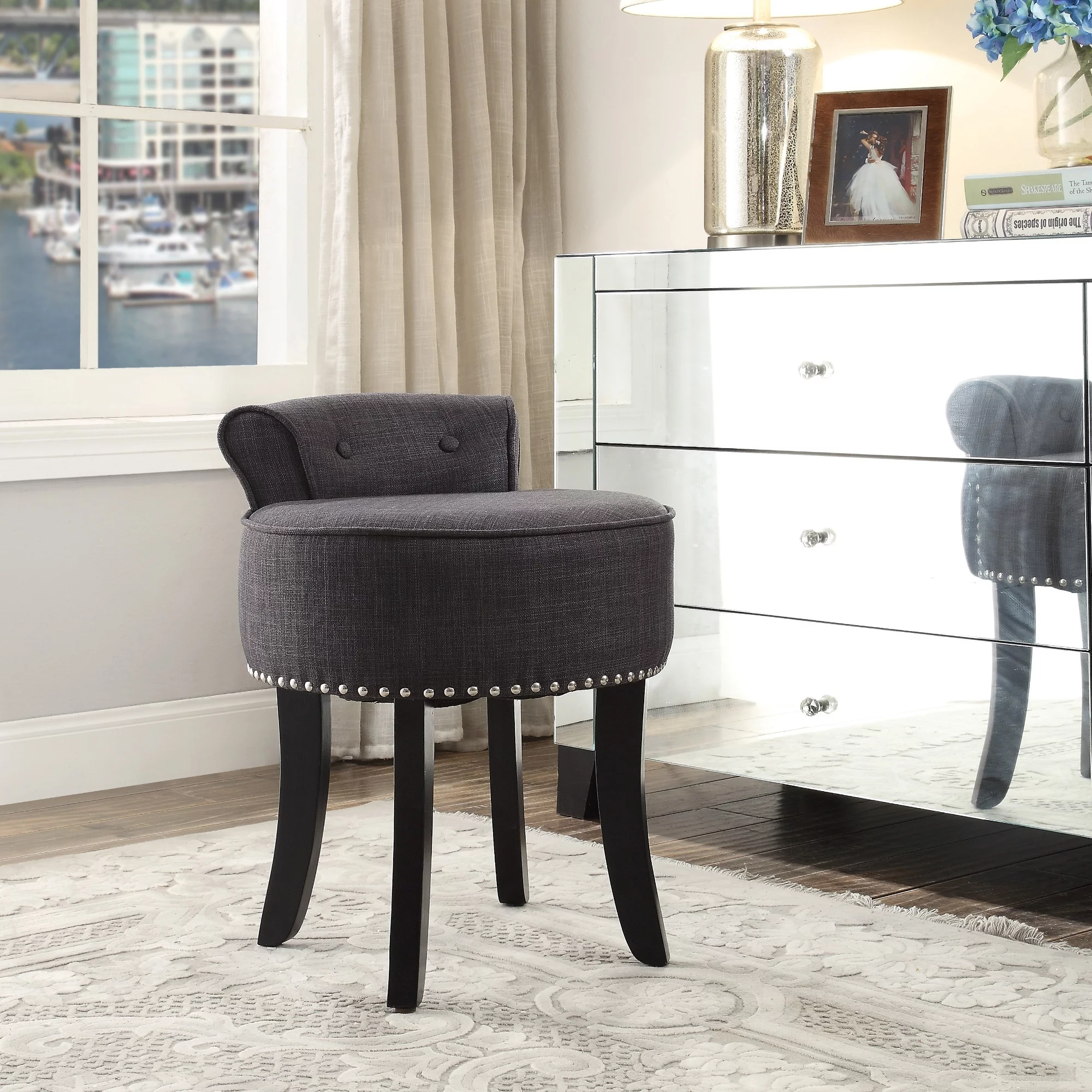 Inspired Home Jasper Linen Vanity Stool Nailhead Trim Rolled Back Bedroom, Dark Grey