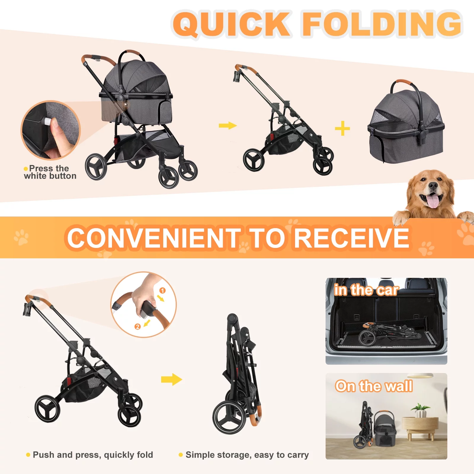 Wedyvko Dog stroller, Foldable Pet Travel System 3 in 1 Multifunction Pet Stroller, Sturdy Aluminum Alloy Frame Up to 55 lbs (Black)