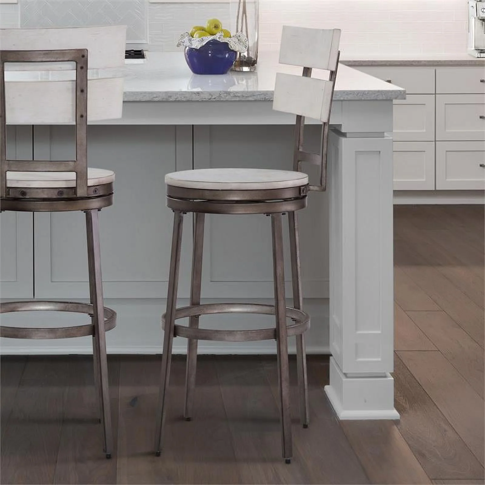 Home Square 3 Piece Metal Swivel Bar Stool Set in Distressed White