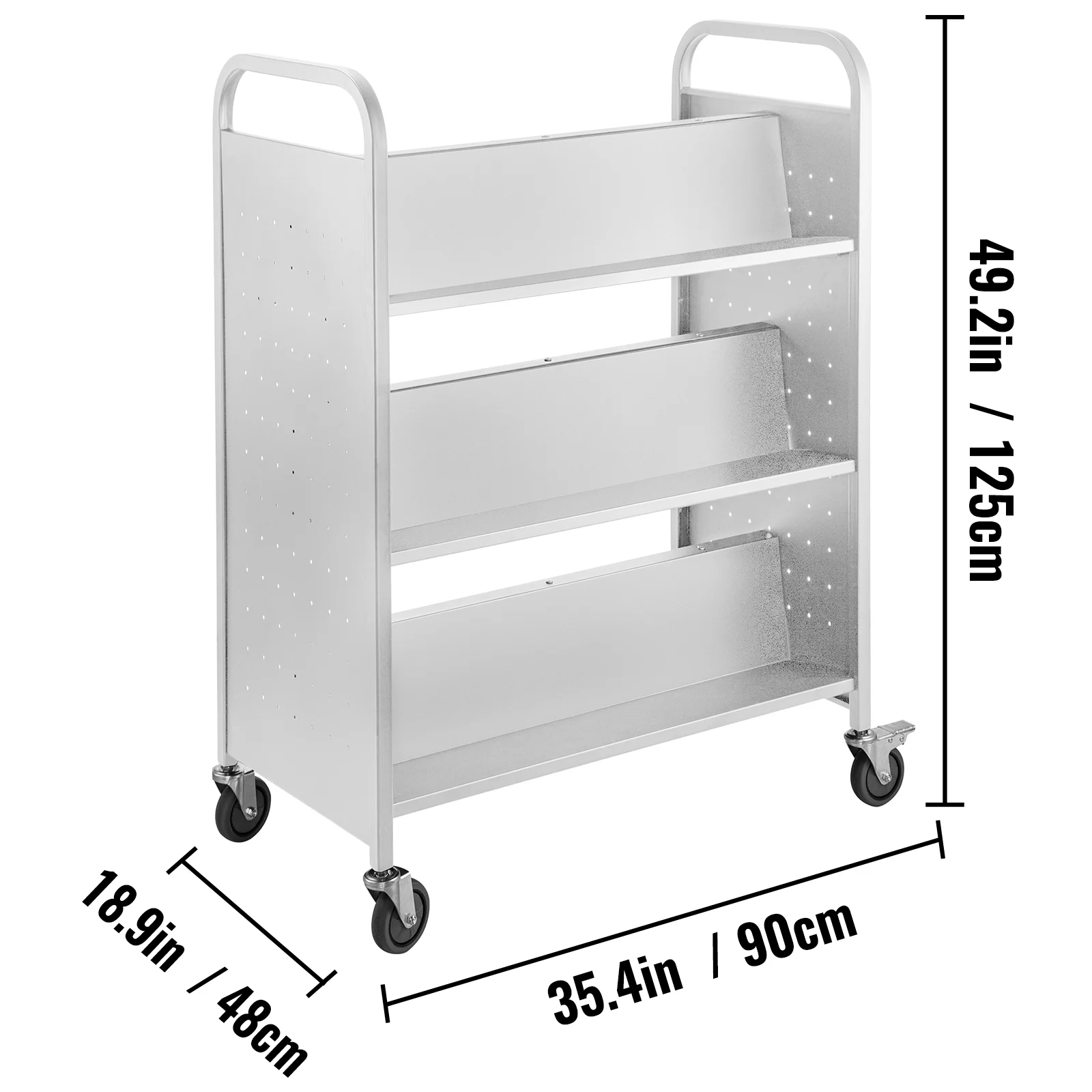 SKYSHALO 200LBS Book Cart, Library Cart 30x14x45 Inch, Rolling Book Cart Double Sided W-Shaped Sloped Shelves with 4-Inch Lockable Wheels, for Home Shelves Office and School Book Truck in White
