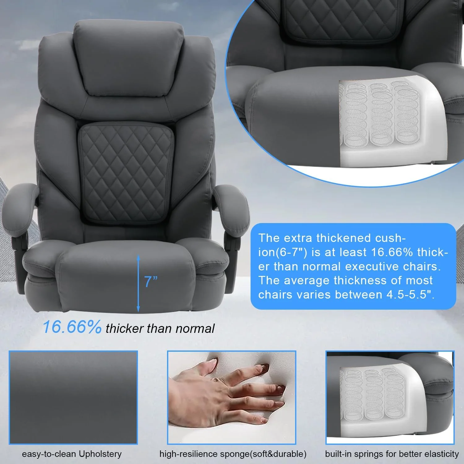 450lbs Big and Tall Reclining Office Chairs with Footrest & Lumbar Support, PU Leather Ergonomic Managerial Executive Chair with Wheels, Plus Size Recliner Desk Chair (Grey)