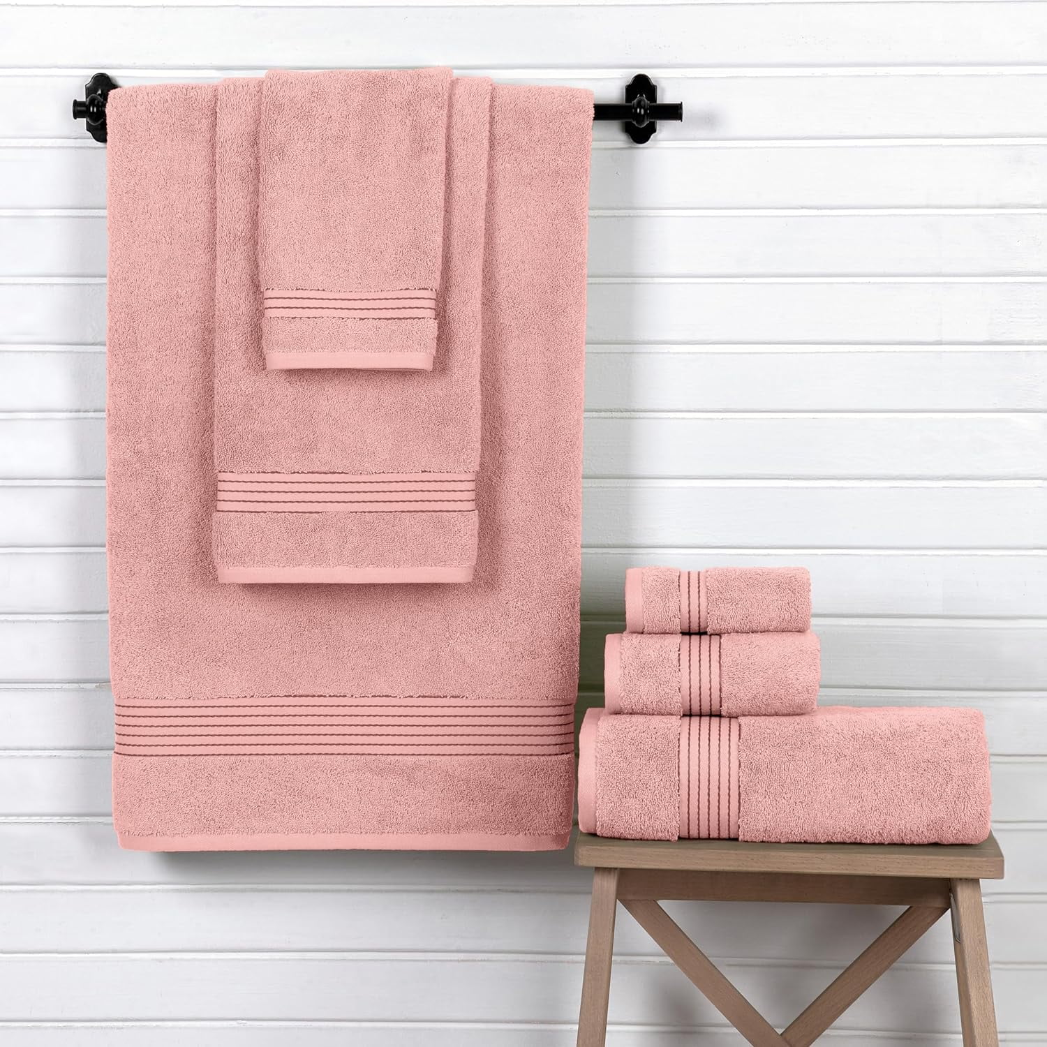 Discount Cotton 6-Piece Towel Set, Includes 2 Washcloths, 2 Hand Towels and 2 Bath Towels, 100% Turkish Cotton - Highly Absorbent and Super Soft Towels for Bathroom, Dusty Rose