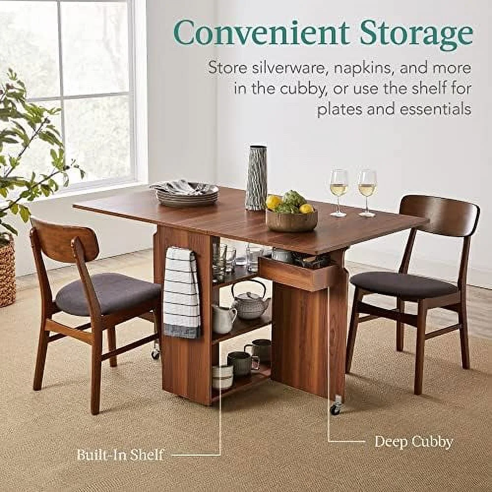 HYHBIBOOM Folding Dining Table  Multipurpose Collapsible Drop Leaf Extension  Versatile Space Saving Desk  w/Wheels  3  Shelves  Metal Handle - Brown