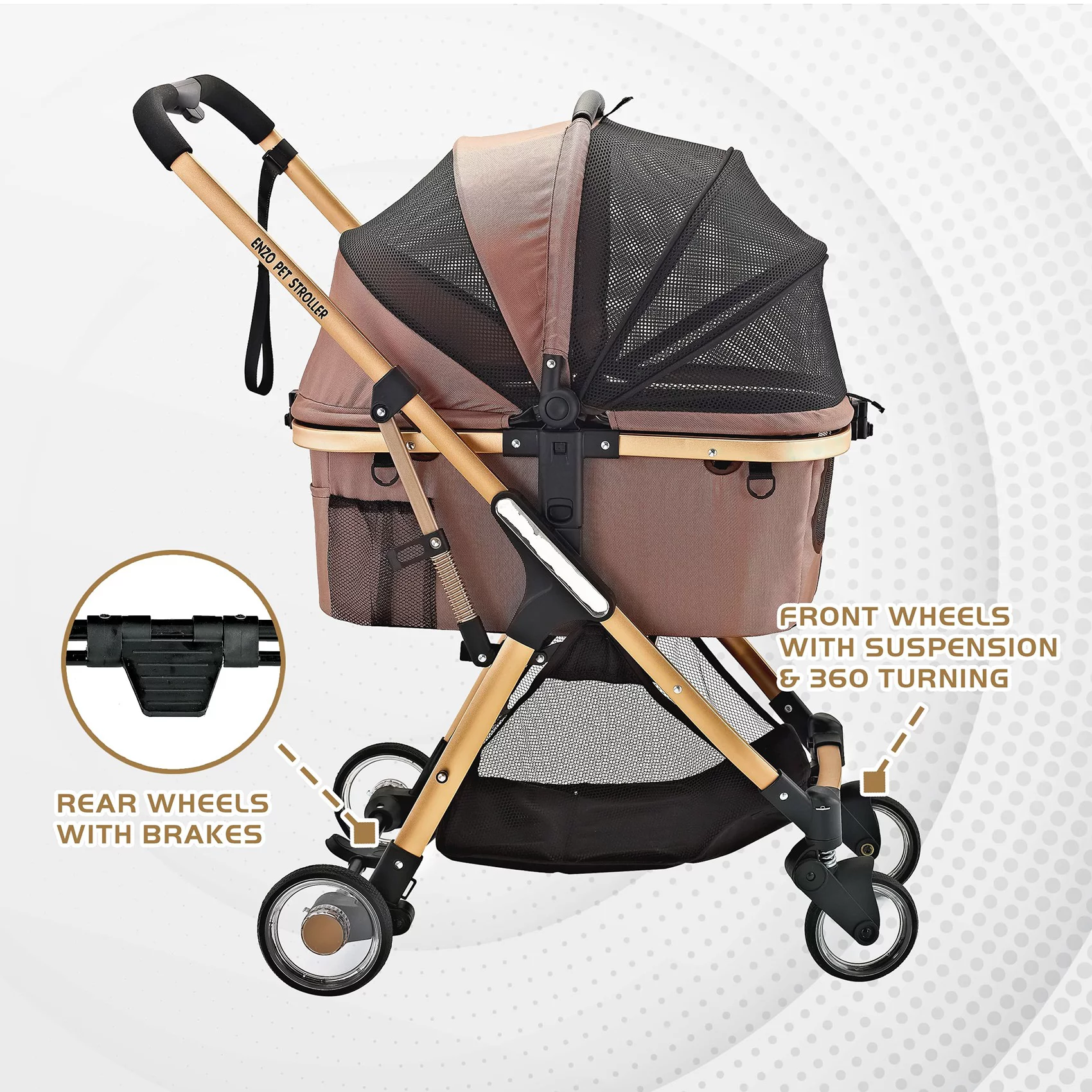 ENZO Pet Stroller Pista Super-Lightweight 3-In-1 Stroller, Travel Carrier, Car Seat For Pets (Gold)