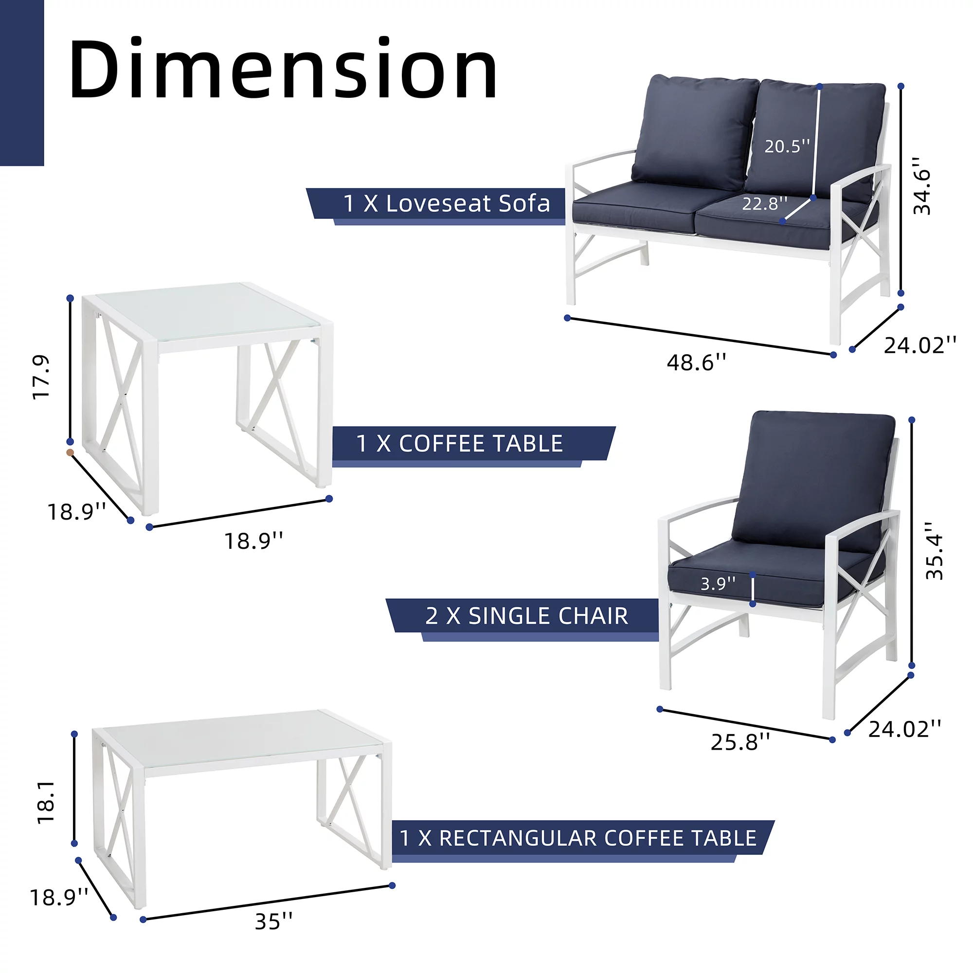 Walsunny 5-Piece Patio Furniture Set, Outdoor Furniture with Loveseat Sofa Coffee Table Metal Patio Set with Detachable Cushions Navy Blue
