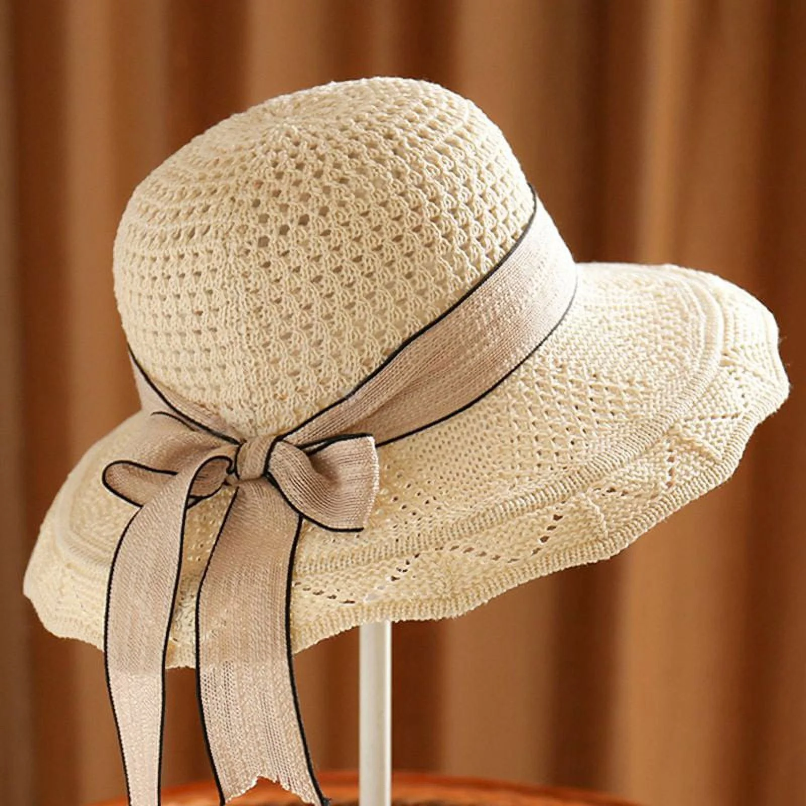 SJENERT Women Ladies Summer Sun Beach Straw Hat Floppy Wide Brim Foldable Cap Bucket-Hat