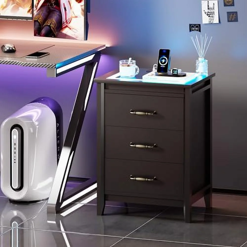 GEROBOOM Nightstand with Charging Station & LED Lights  Bedside Table Night Stand for Bedroom  LED Nightstand with Drawers  End Table with USB Ports & 2 AC Outlets  Black