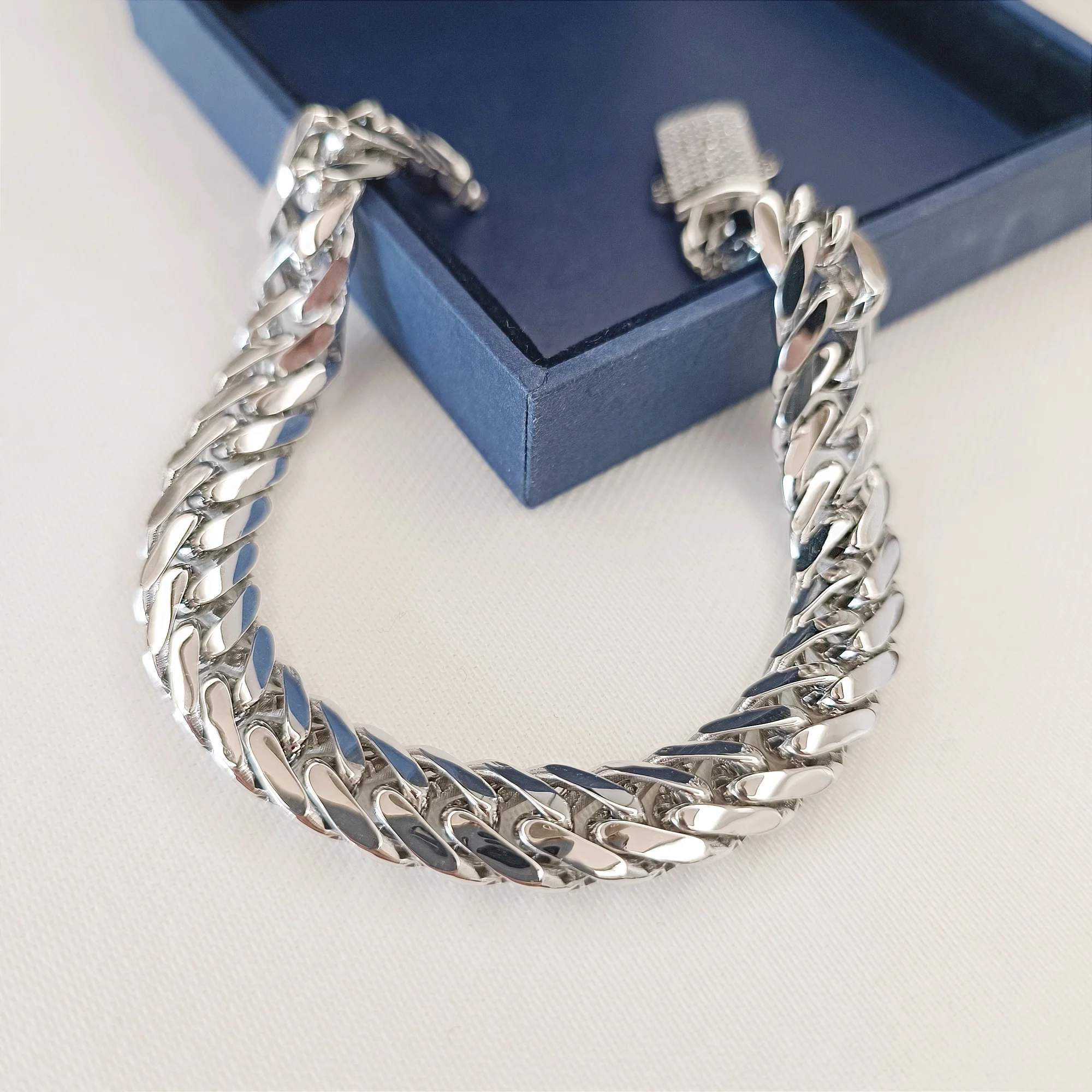 10mm 925 Sterling Silver Hollow Curb Chain Bracelet 8.4 in, Diamond Cut Flat Link Chain Bracelet for Men Zirconia Crystal Full Diamond Clasp