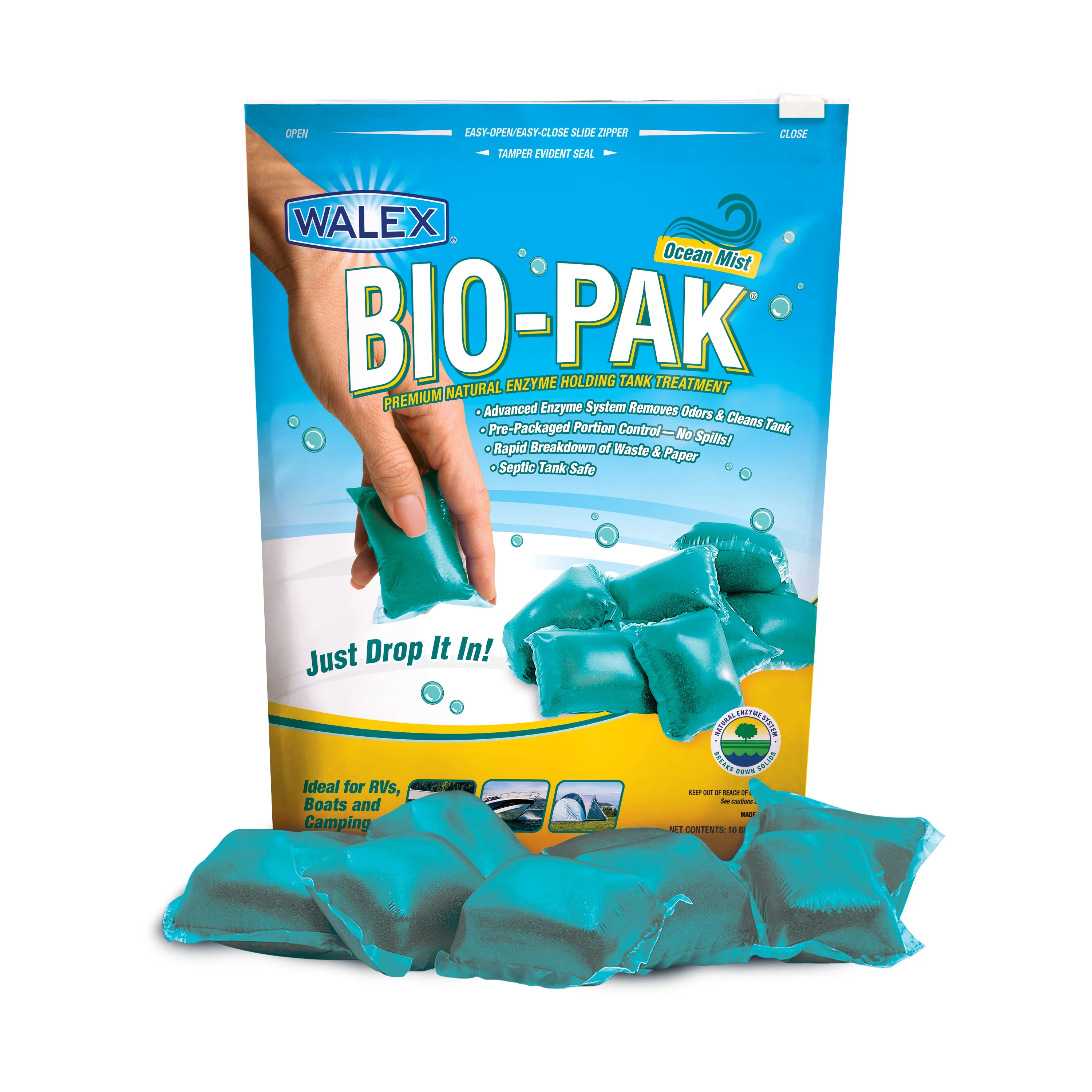 Walex Bio-Pak Ocean Mist Natural Holding Tank Deodorizer for RV Sewer Systems Bag of 10